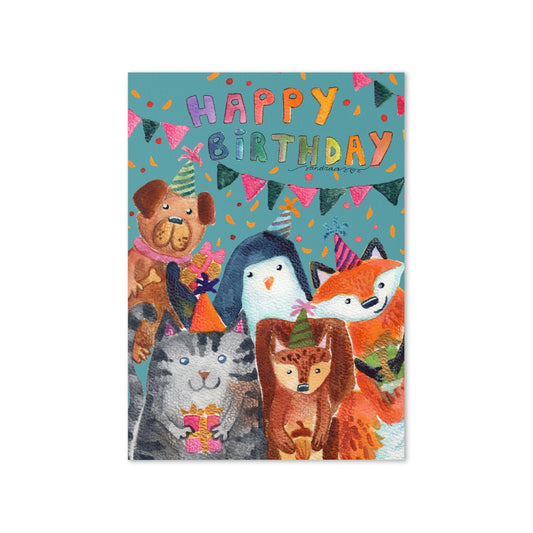 Whimsical Animal Birthday Card – Watercolor Illustration “Happy Birthday” - SANDRAAS