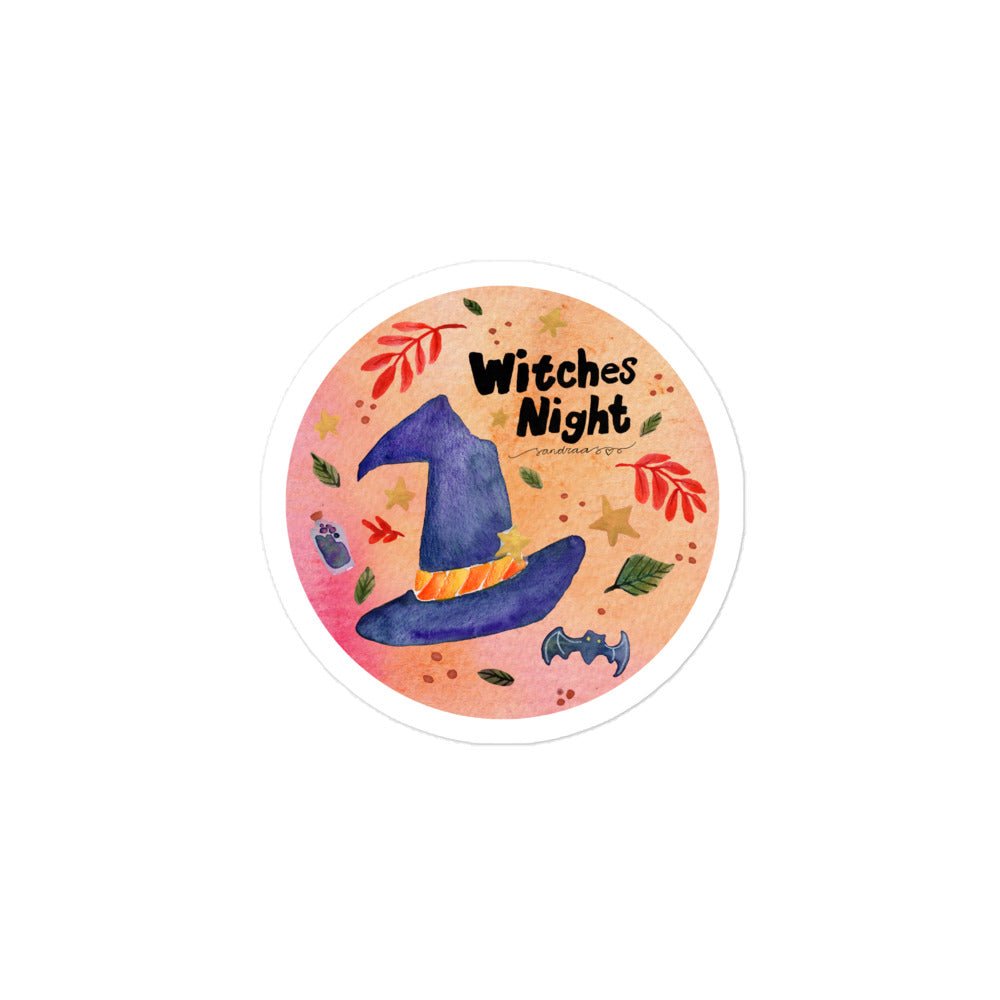 Witches Night Halloween Sticker • Watercolor Witchy Items & Hand Lettering Vinyl Decal • Bubble - Free Spooky Sticker - SANDRAAS