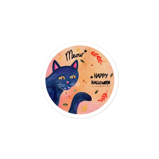 Meow Black Cat Halloween Sticker • Watercolor Cat & Hand Lettering Vinyl Decal • Bubble - Free Spooky Cute Sticker - SANDRAAS