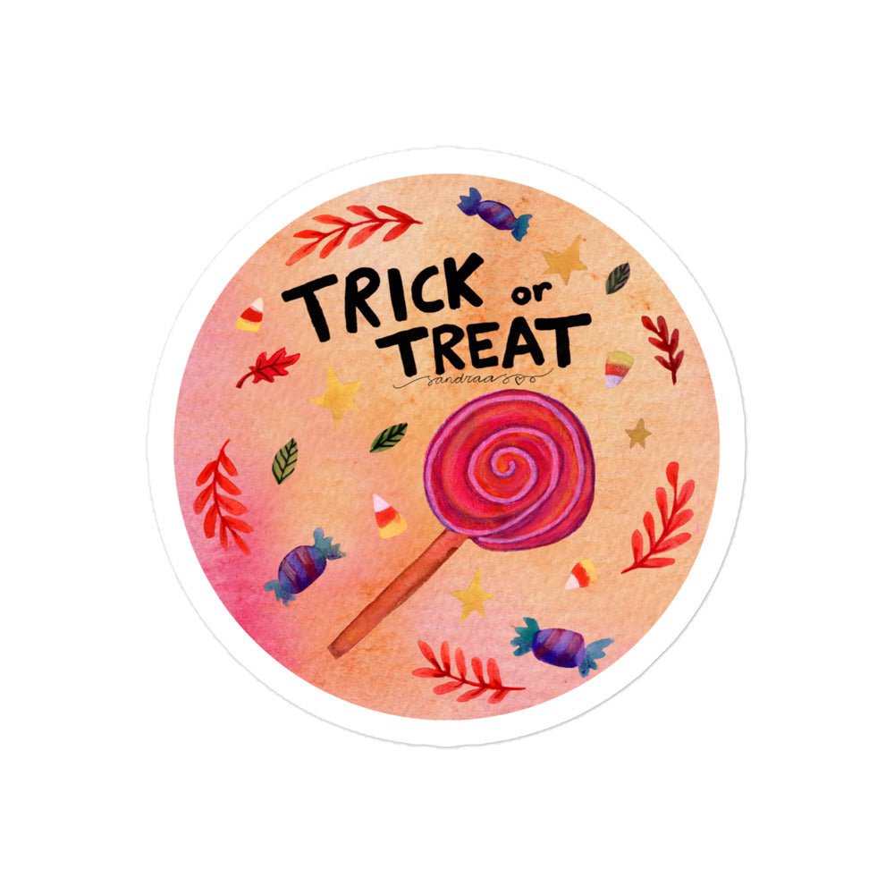 Trick or Treat Halloween Sticker • Watercolor Candy & Hand Lettering Vinyl Decal • Pastel Bubble - Free Adhesive Sticker - SANDRAAS