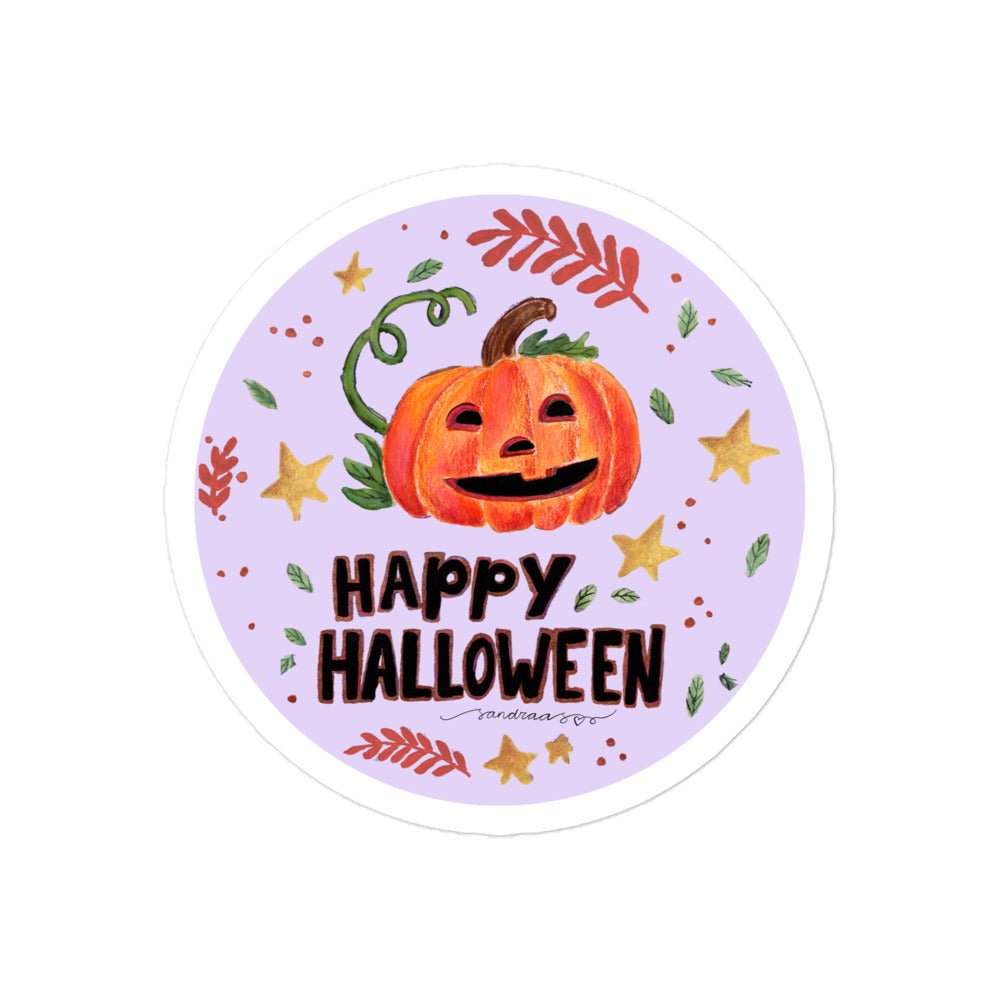 Happy Halloween Pumpkin Sticker • Watercolor Carved Jack - o’ - Lantern Vinyl Decal • Spooky Bubble - Free Sticker - SANDRAAS