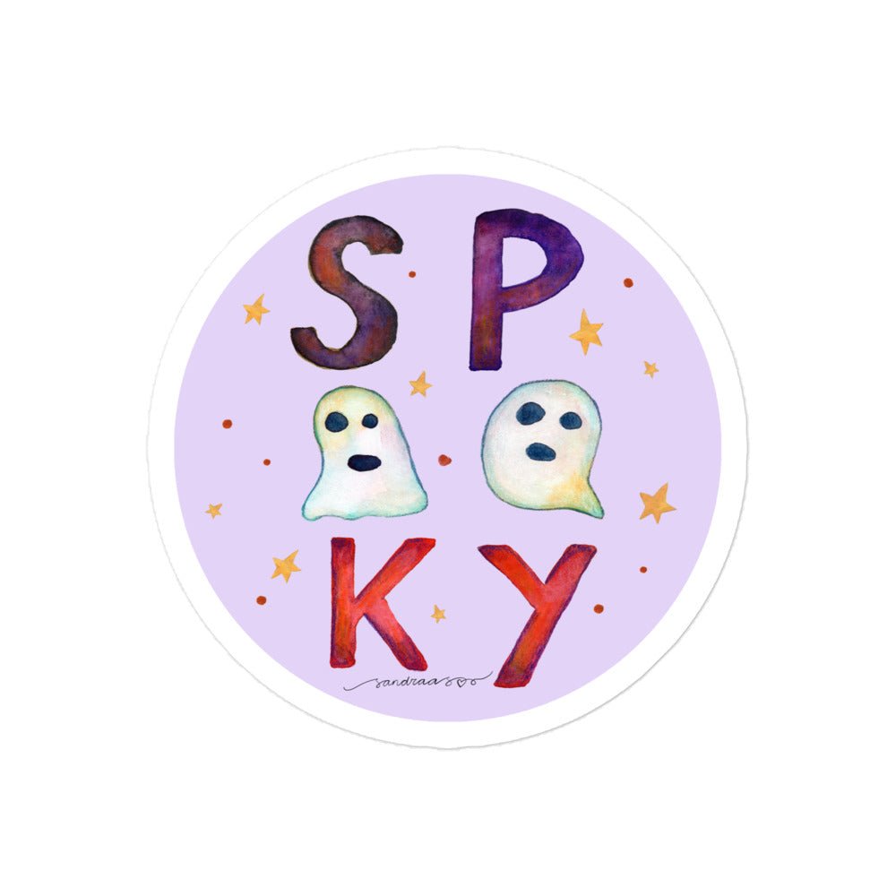Spooky Ghost Letters Sticker • Watercolor Halloween Text with Ghost “O”s Vinyl Decal • Bubble - Free Purple Background Sticker - SANDRAAS