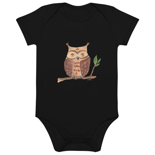 🦉 Organic Cotton Baby Bodysuit – Whimsical Owl Watercolor Design - SANDRAAS