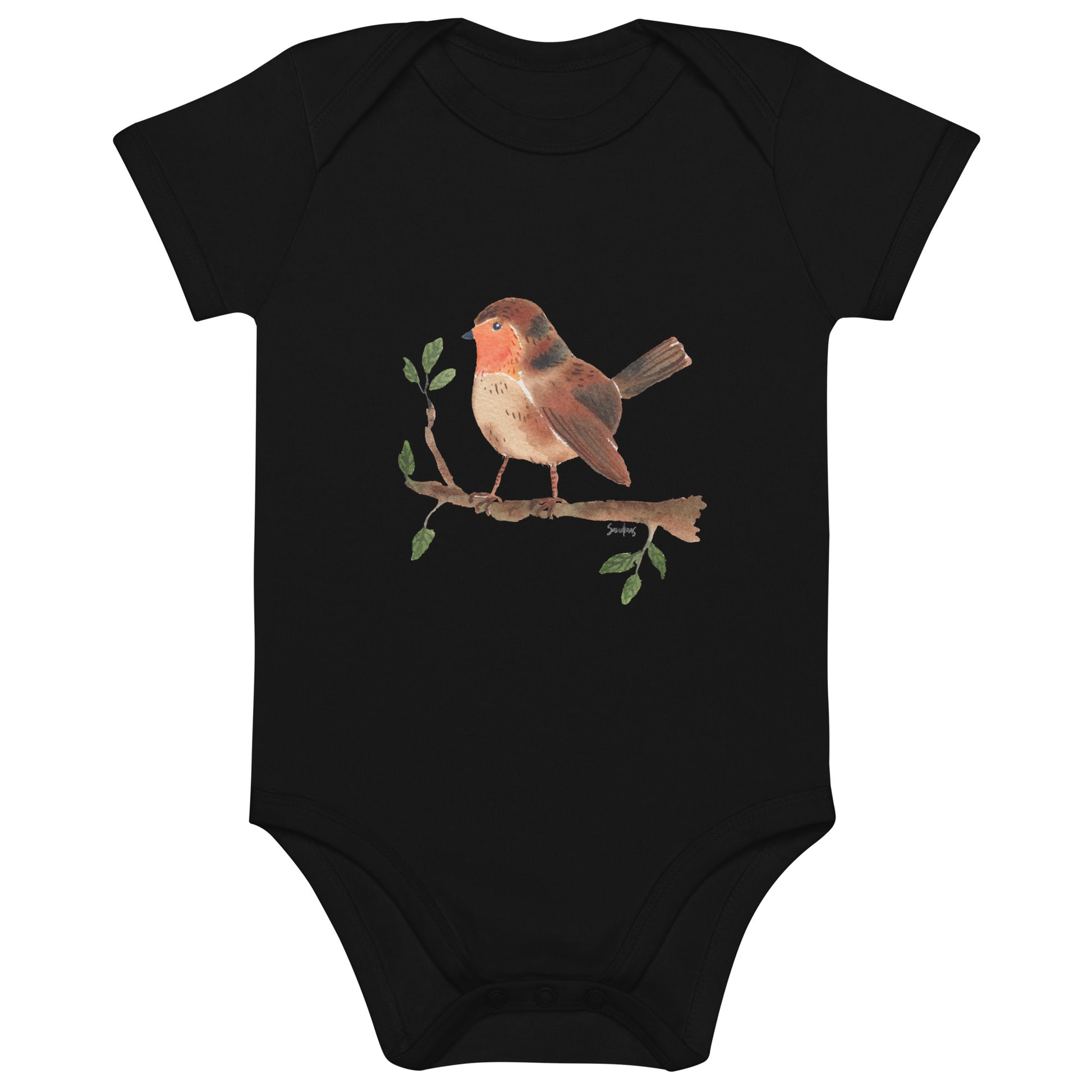 👶 Organic Cotton Baby Bodysuit – Robin Watercolor Illustration 🐦🌿 - SANDRAAS