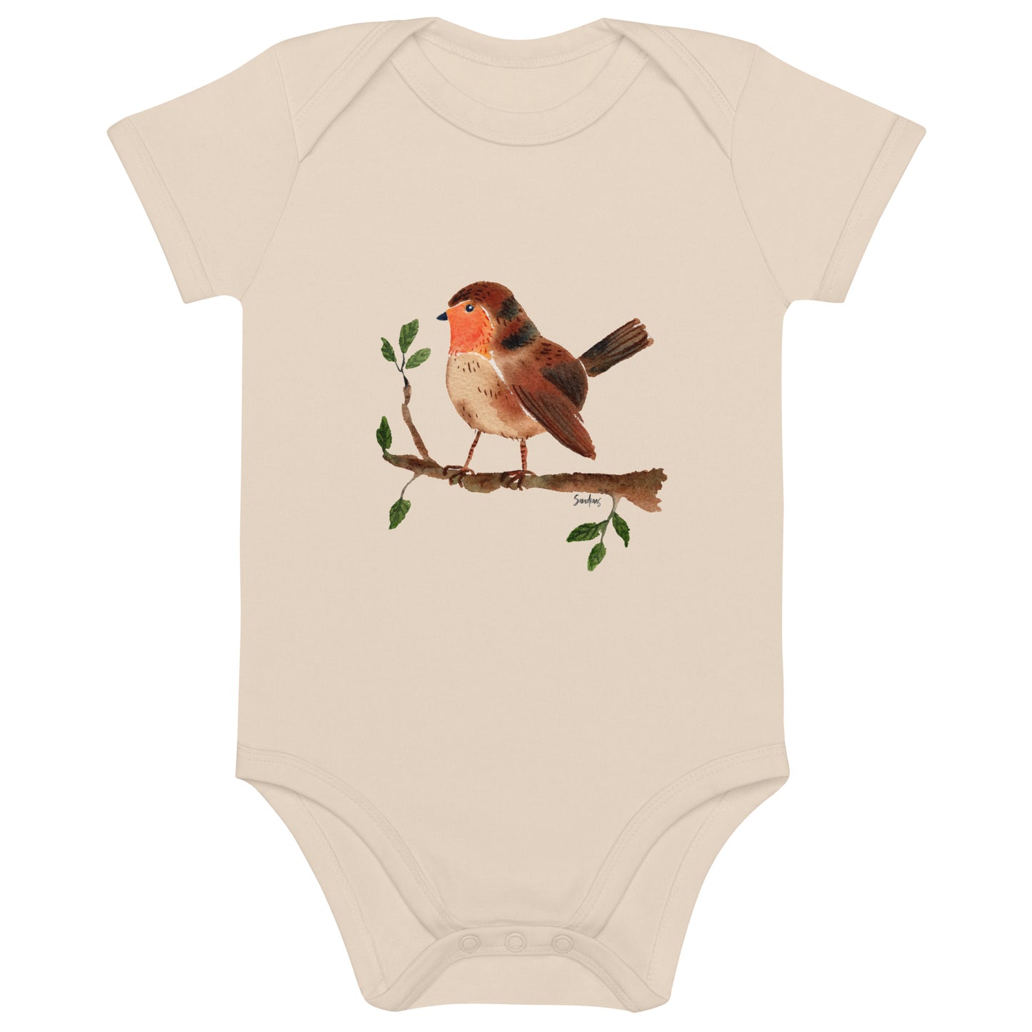 👶 Organic Cotton Baby Bodysuit – Robin Watercolor Illustration 🐦🌿 - SANDRAAS