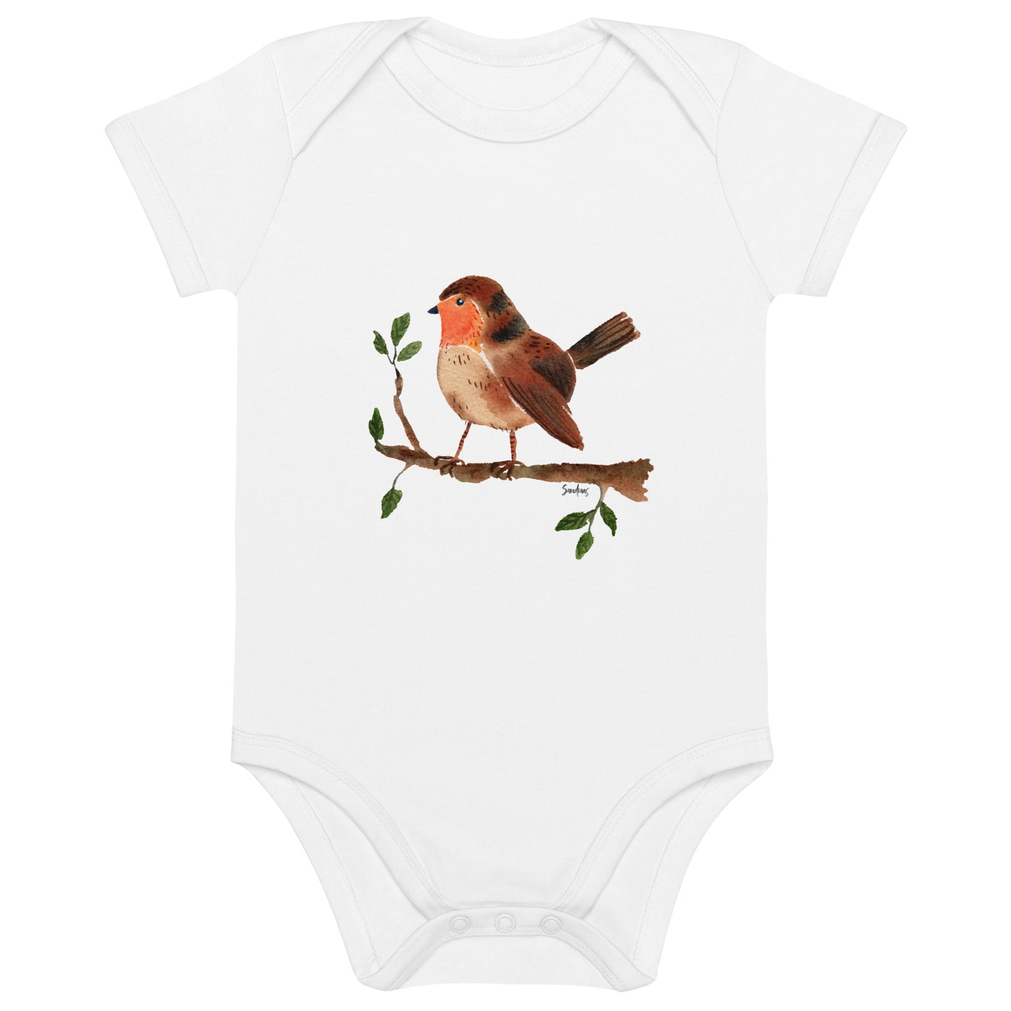 👶 Organic Cotton Baby Bodysuit – Robin Watercolor Illustration 🐦🌿 - SANDRAAS