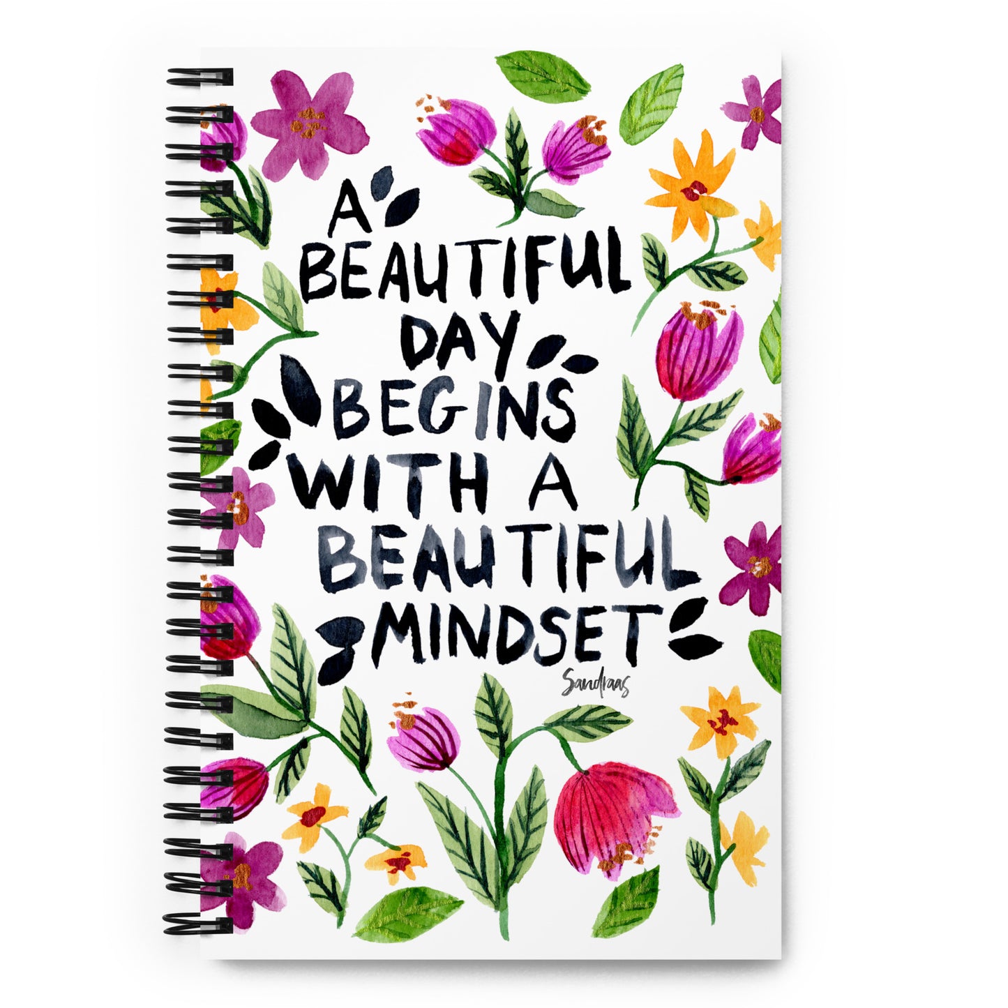 🌼 “A Beautiful Day Begins with a Beautiful Mind” Spiral Notebook – White Floral Edition 💫 - SANDRAAS