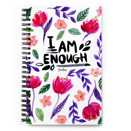 💖 “I Am Enough” Spiral Notebook – White Floral Edition 🌸 - SANDRAAS