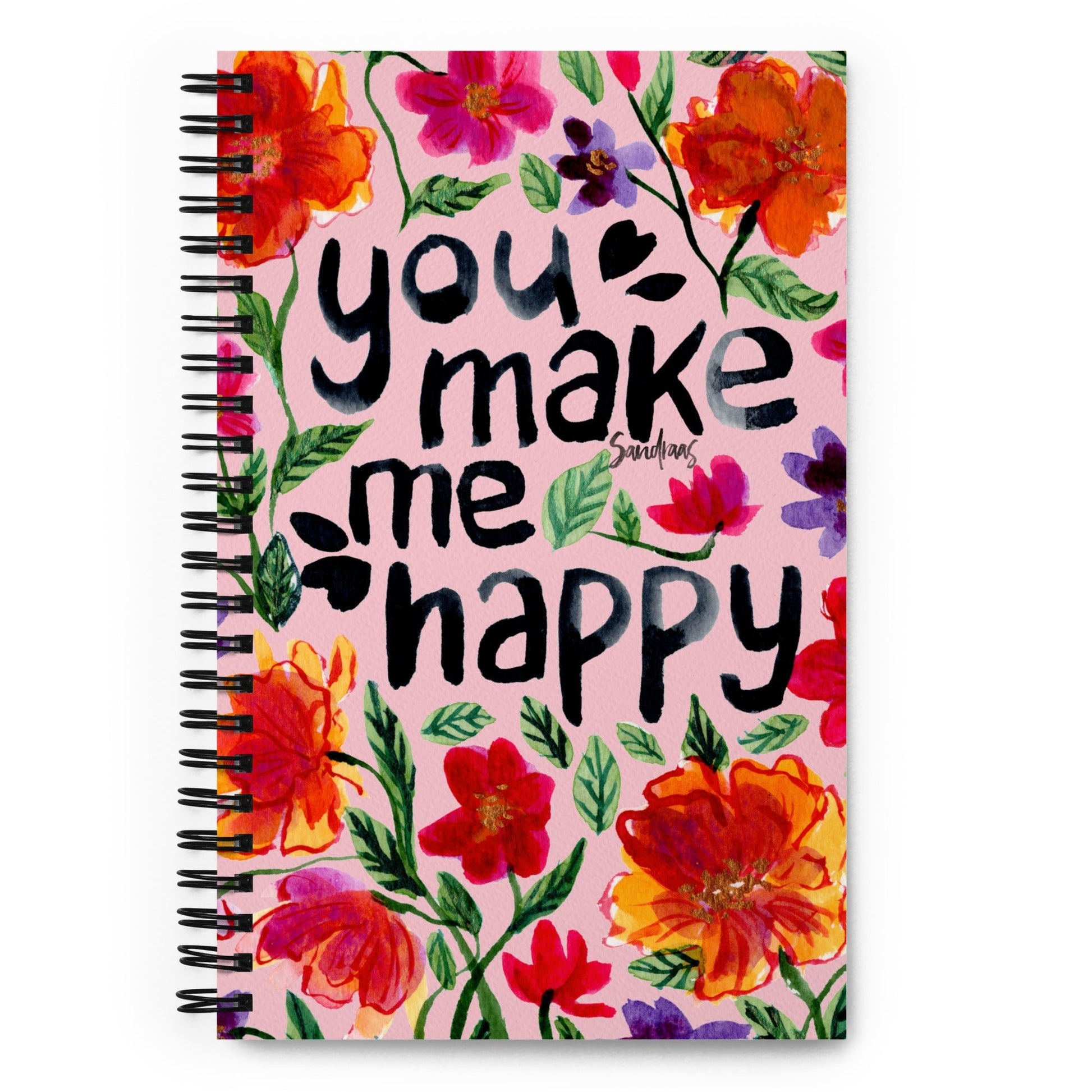 🌸 “You Make Me Happy” Spiral Notebook – Pink Floral Edition 💖 - SANDRAAS