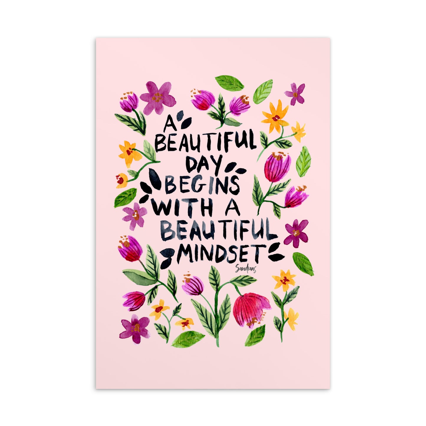 💌 Standard Postcard – “A Beautiful Day Begins with a Beautiful Mindset” – Pale Pink Floral Edition 🌸 - SANDRAAS