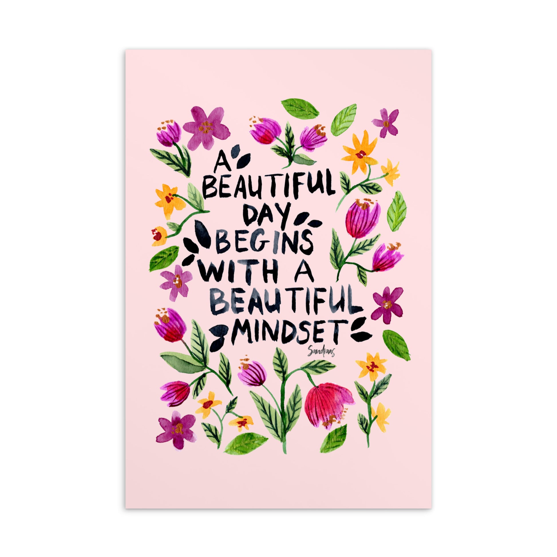 💌 Standard Postcard – “A Beautiful Day Begins with a Beautiful Mindset” – Pale Pink Floral Edition 🌸 - SANDRAAS