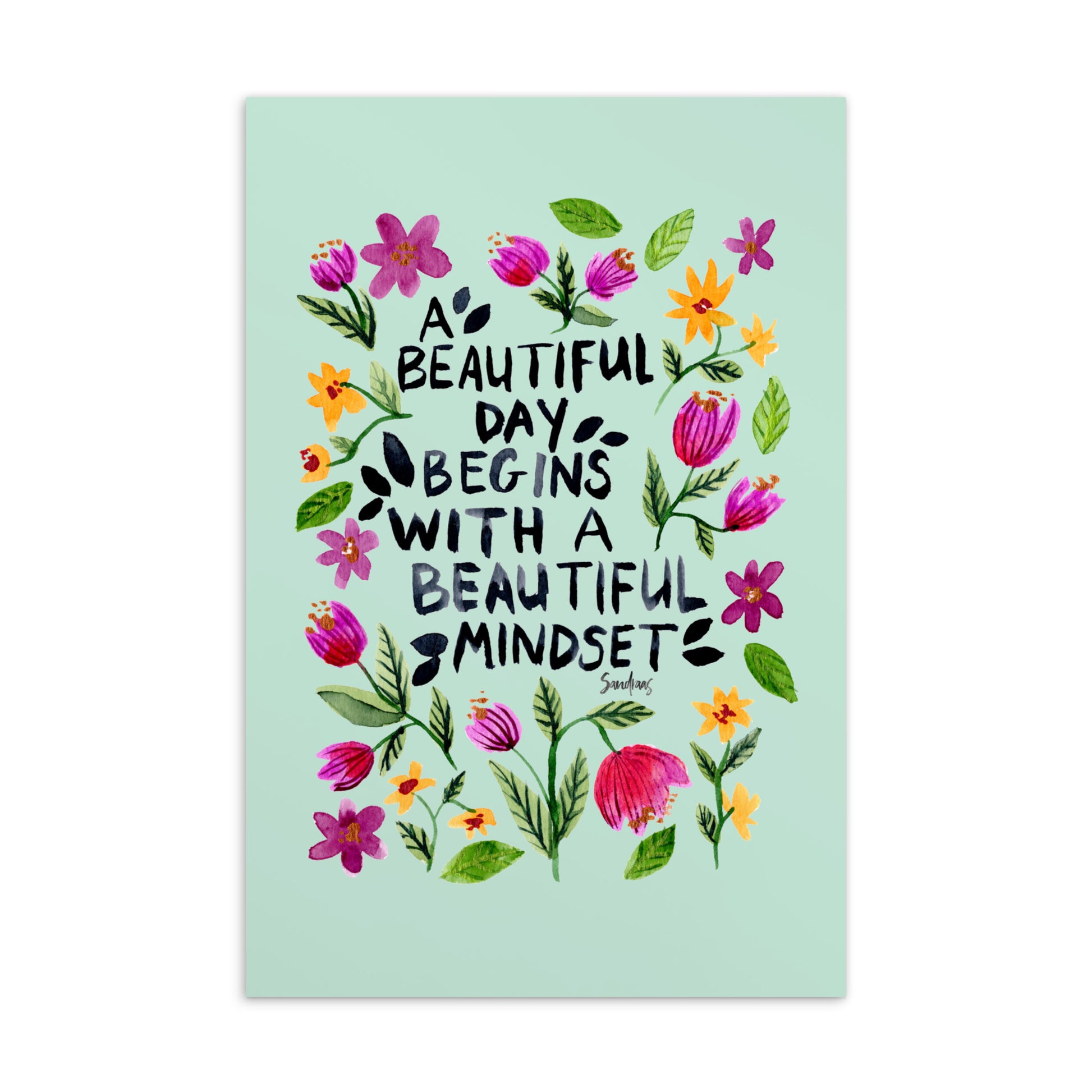 💌 Standard Postcard – “A Beautiful Day Begins with a Beautiful Mindset” – Aero Blue Floral Edition 🌼 - SANDRAAS