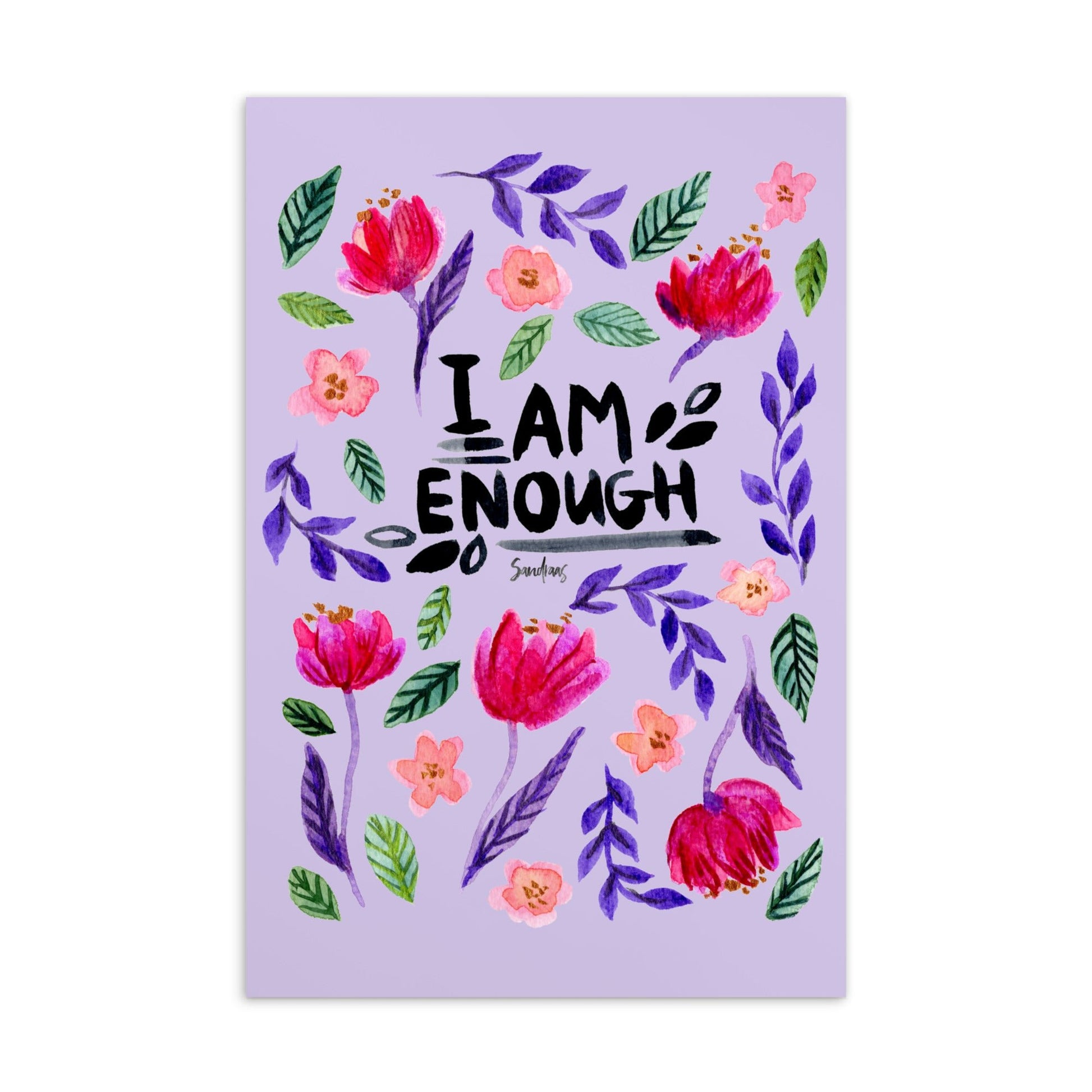 💌 Standard Postcard – “I Am Enough” – Purple Watercolor Floral Edition 💜 - SANDRAAS