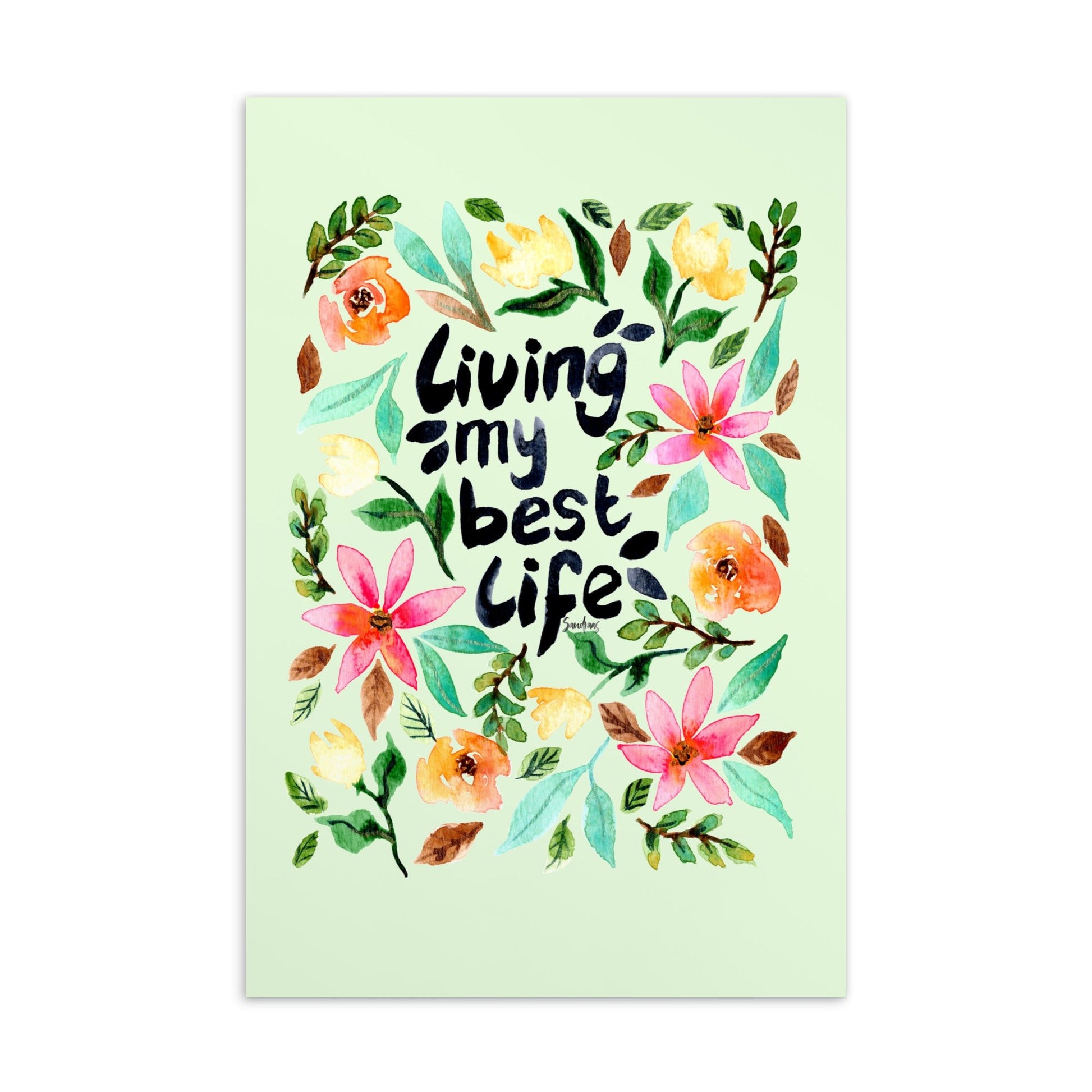 💌 Standard Postcard – “Living My Best Life” – Light Green Floral Edition 🌿 - SANDRAAS