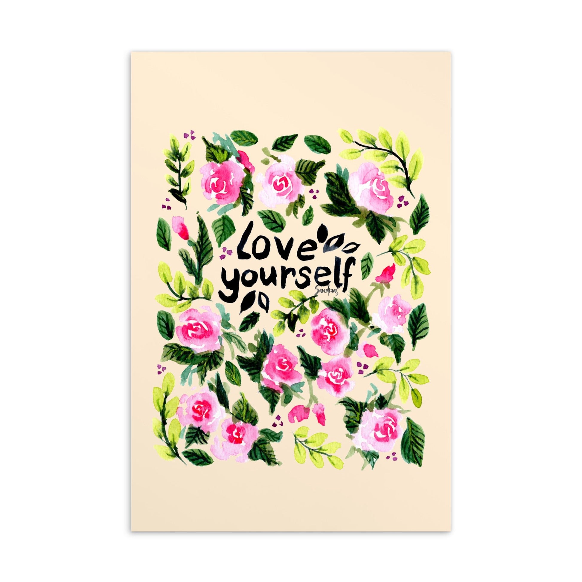 💌 Standard Postcard – “Love Yourself” – Yellow Watercolor Rose Edition 🌼 - SANDRAAS