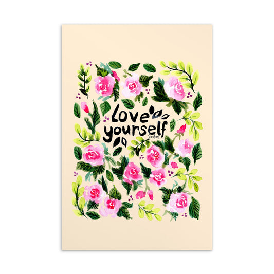 💌 Standard Postcard – “Love Yourself” – Yellow Watercolor Rose Edition 🌼 - SANDRAAS
