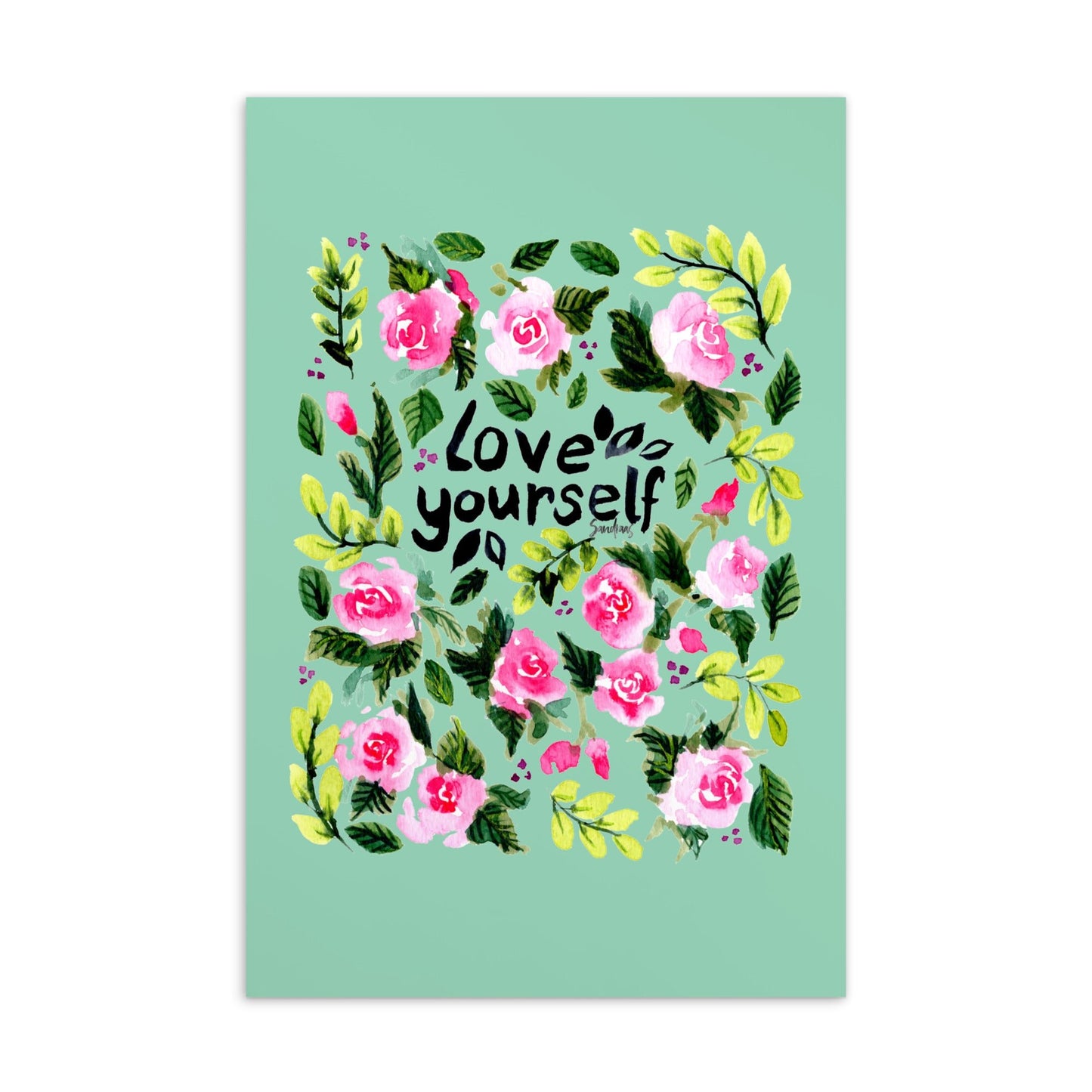 💌 Standard Postcard – “Love Yourself” – Green Watercolor Rose Edition 🌿 - SANDRAAS