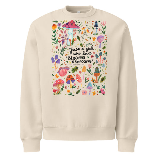 Just a Girl Who Loves Blooms & Shrooms Oversized Sweatshirt • Cream Heavyweight Fleece with Watercolor Mushrooms & Flowers - SANDRAAS