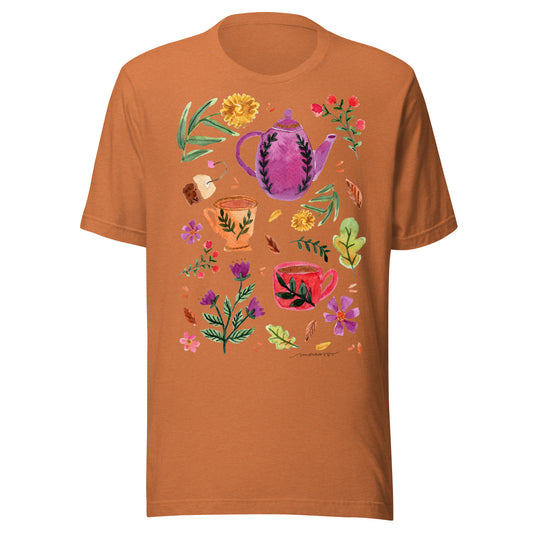 Cozy Tea Time Autumn Women’s T-Shirt • Watercolor Teapot, Teacups & Fall Leaves • Cozy Vibes Tee - SANDRAAS