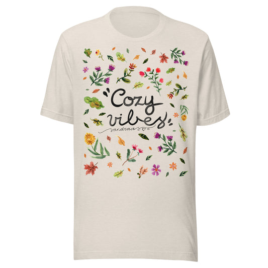 Cozy Vibes Autumn T-Shirt 🍂 | Hand - Lettered Quote + Watercolor Leaves & Flowers - SANDRAAS