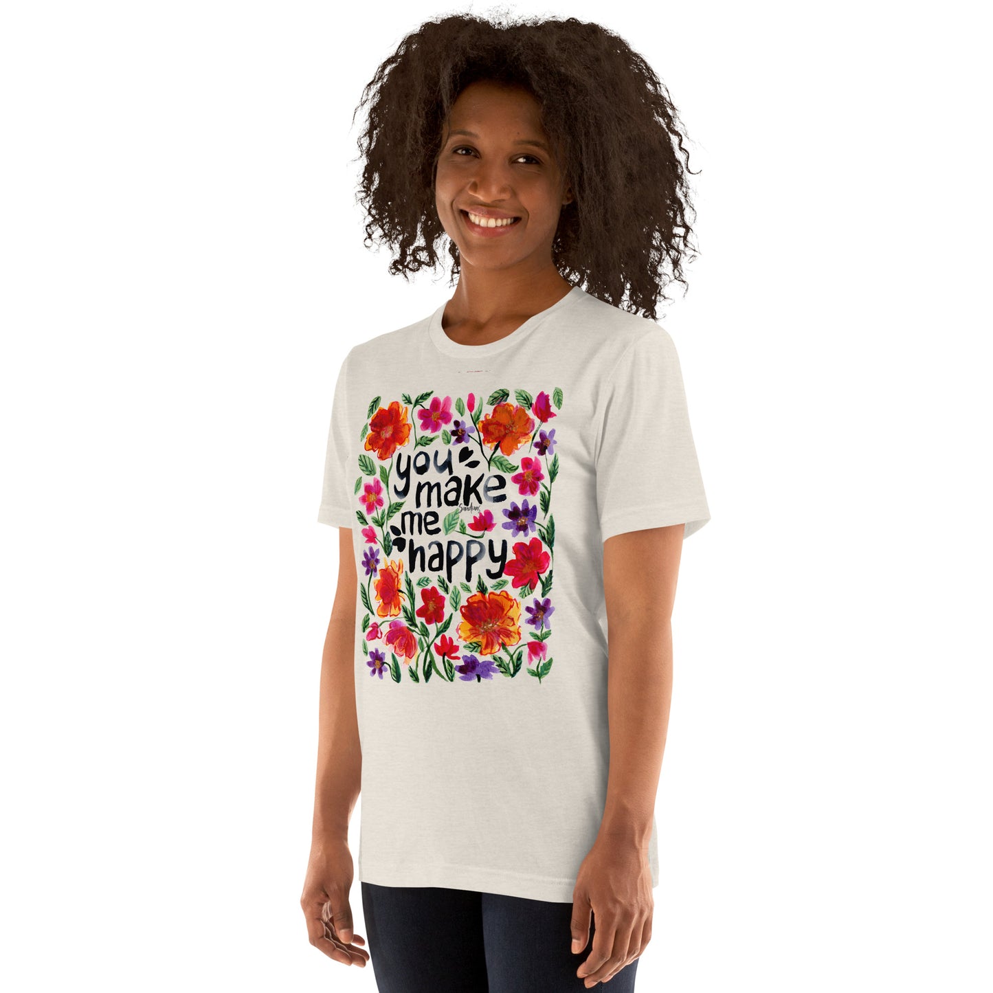 🌸 Unisex T-Shirt – You Make Me Happy – Watercolor Floral Edition - SANDRAAS