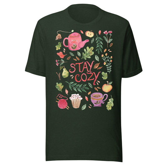 Stay Cozy Women’s Autumn T-Shirt • Watercolor Fall Nature & Tea Illustration • Cozy Season Tee - SANDRAAS