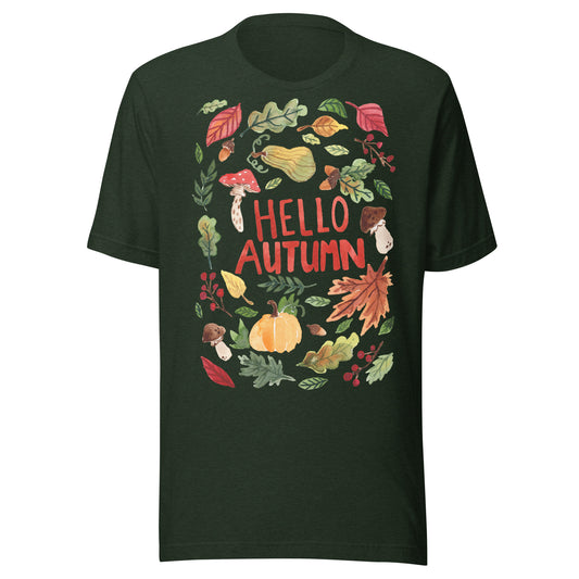 Hello Autumn Women’s T-Shirt • Cozy Fall Vibes with Watercolor Pumpkin, Toadstool & Leaves Illustration - SANDRAAS