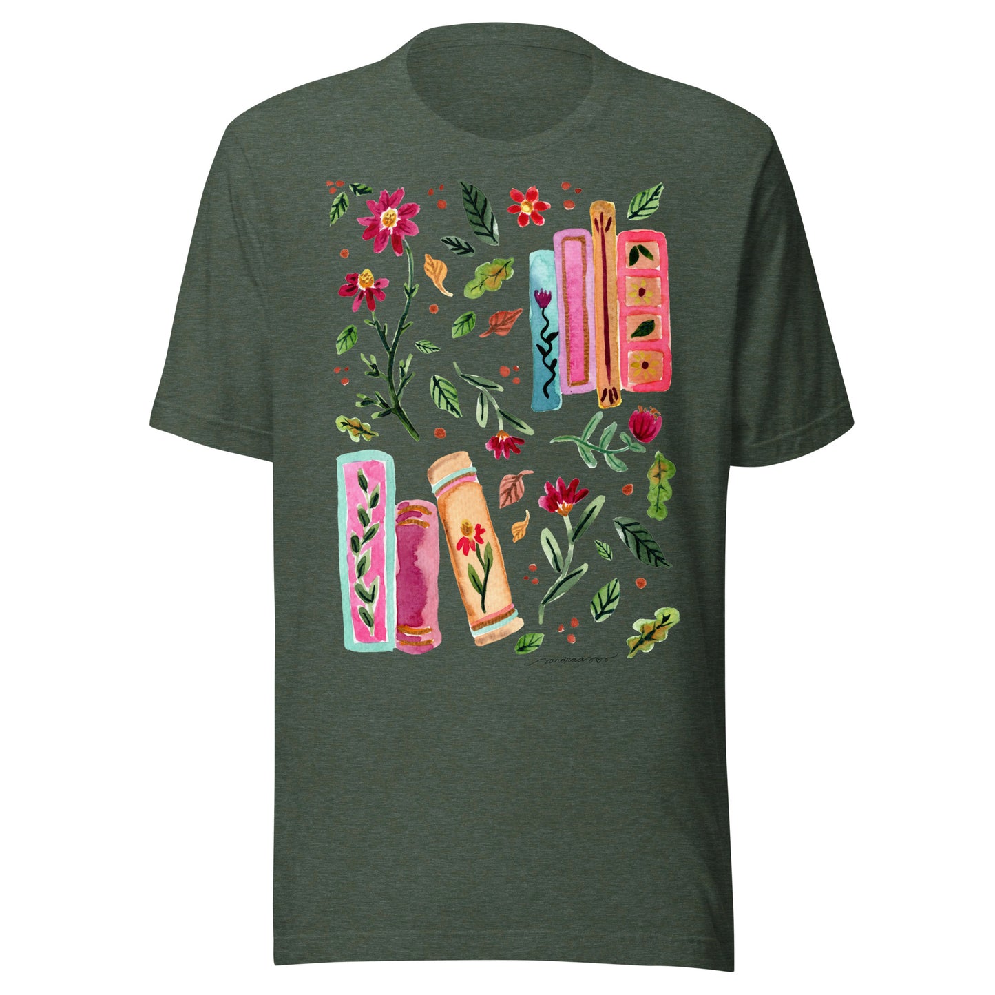 Cozy Autumn Women’s T-Shirt • Watercolor Fall Leaves, Flowers & Books Illustration • Nature - Inspired Tee - SANDRAAS