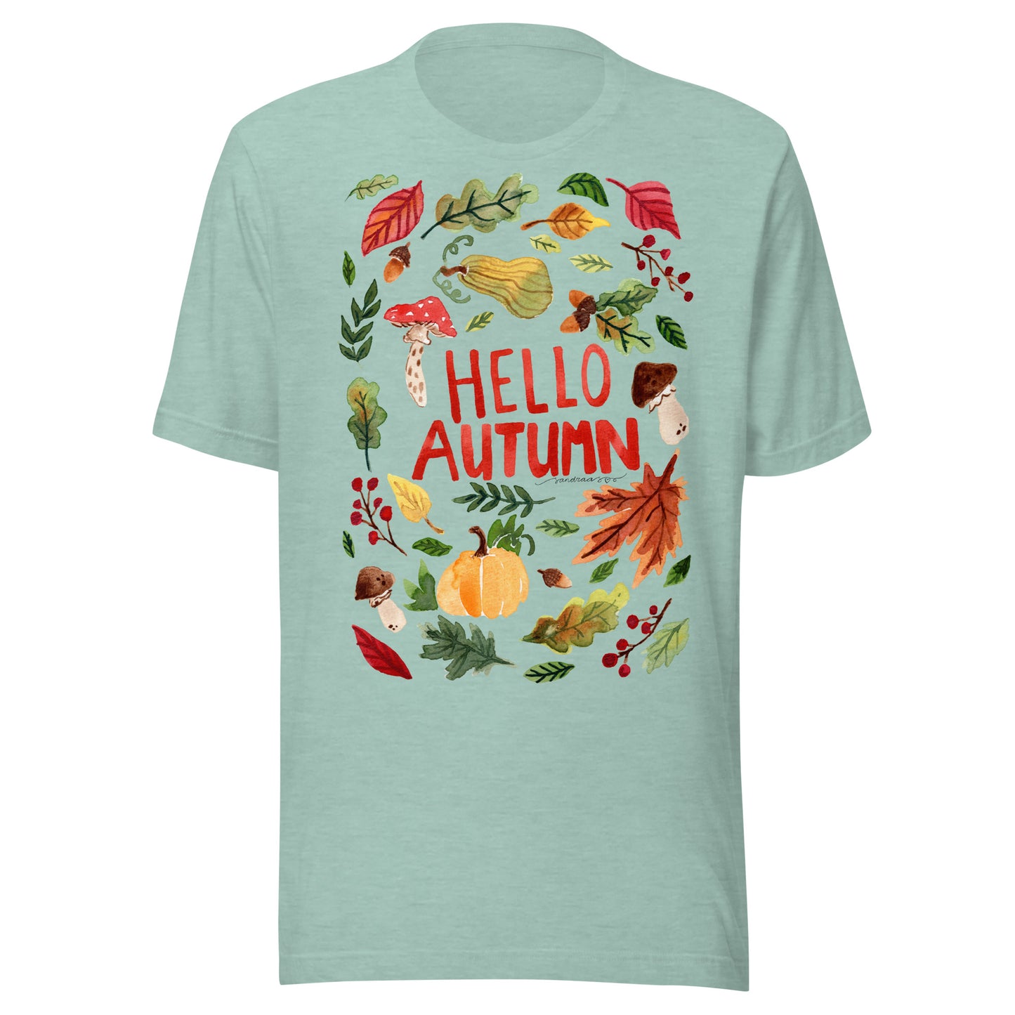 Hello Autumn Women’s T-Shirt • Cozy Fall Vibes with Watercolor Pumpkin, Toadstool & Leaves Illustration - SANDRAAS