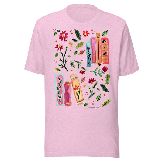 Cozy Autumn Women’s T-Shirt • Watercolor Fall Leaves, Flowers & Books Illustration • Nature - Inspired Tee - SANDRAAS
