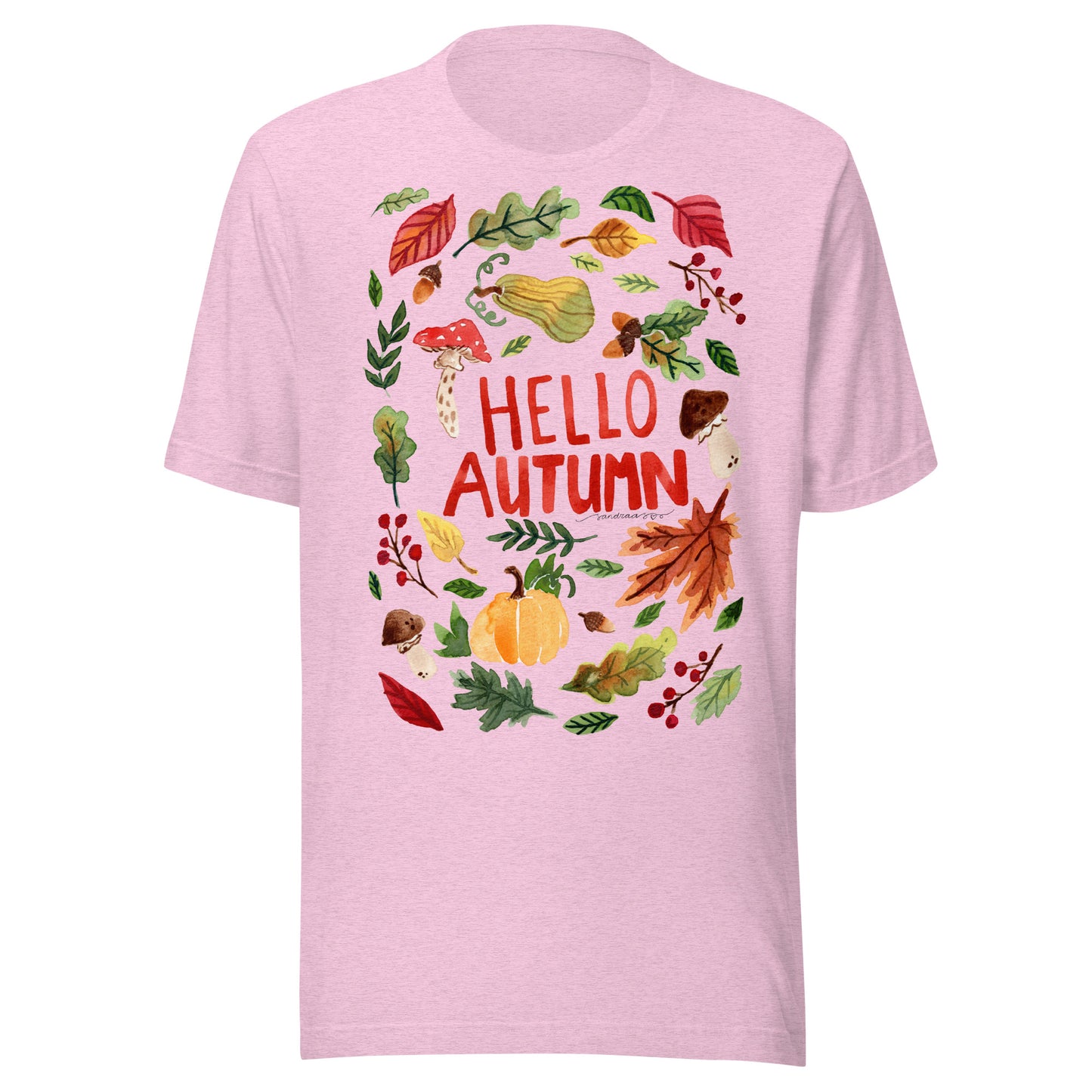 Hello Autumn Women’s T-Shirt • Cozy Fall Vibes with Watercolor Pumpkin, Toadstool & Leaves Illustration - SANDRAAS