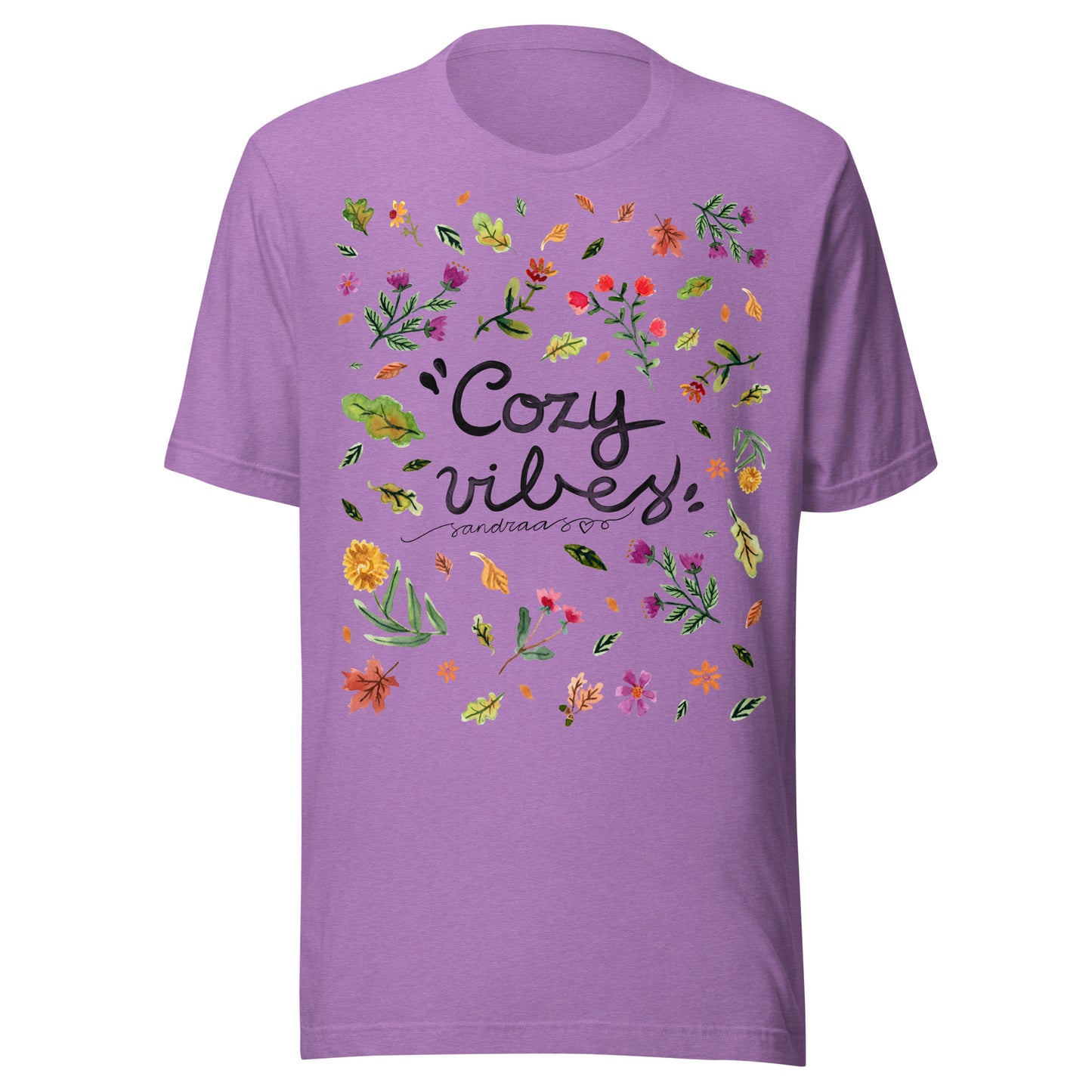 Cozy Vibes Autumn T-Shirt 🍂 | Hand - Lettered Quote + Watercolor Leaves & Flowers - SANDRAAS