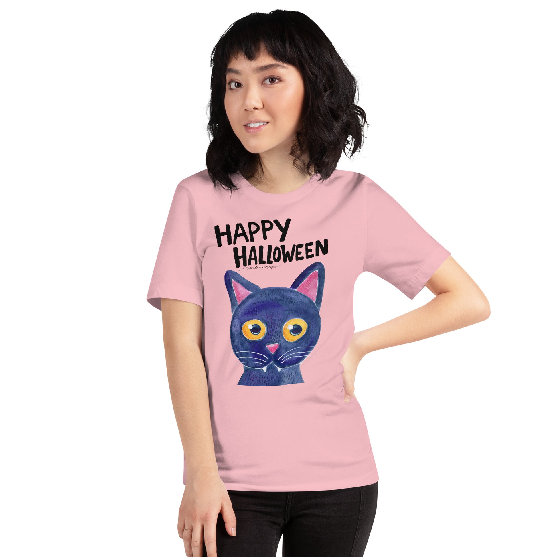 Happy Halloween Black Cat T-Shirt – Spooky, Stylish & Oh - So - Comfy! 🎃🐈⬛ - SANDRAAS