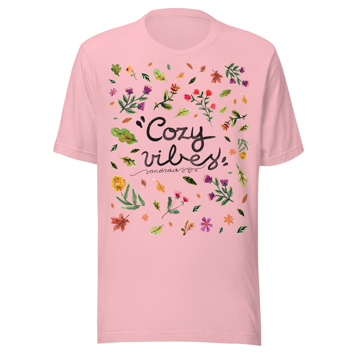 Cozy Vibes Autumn T-Shirt 🍂 | Hand - Lettered Quote + Watercolor Leaves & Flowers - SANDRAAS
