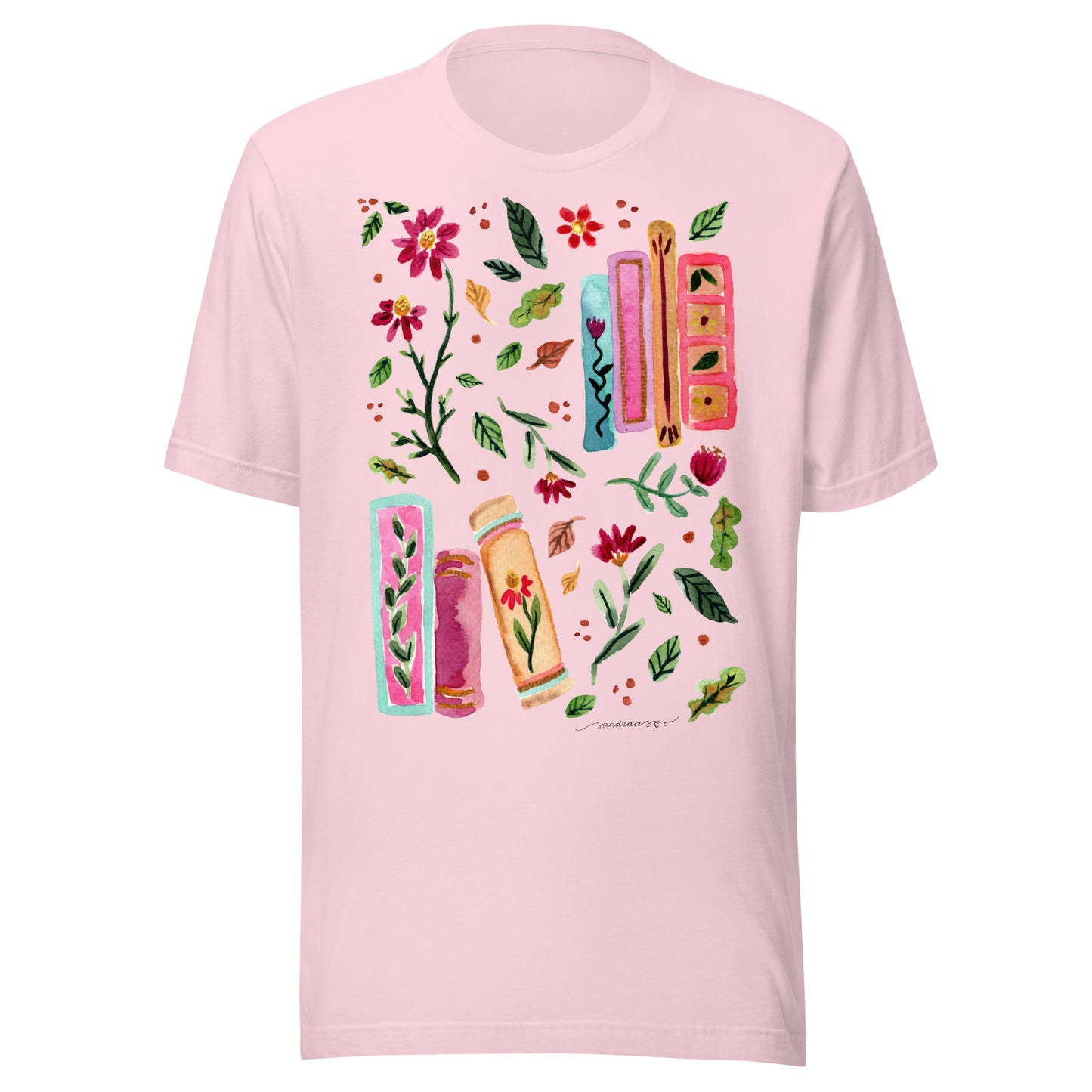 Cozy Autumn Women’s T-Shirt • Watercolor Fall Leaves, Flowers & Books Illustration • Nature - Inspired Tee - SANDRAAS