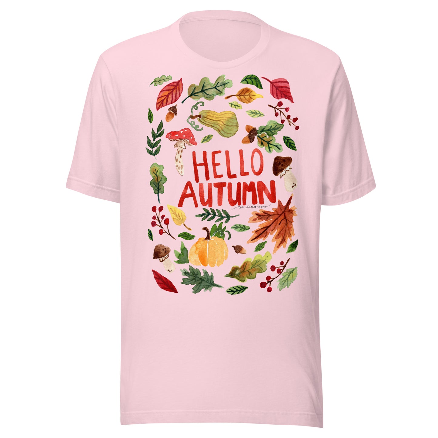 Hello Autumn Women’s T-Shirt • Cozy Fall Vibes with Watercolor Pumpkin, Toadstool & Leaves Illustration - SANDRAAS