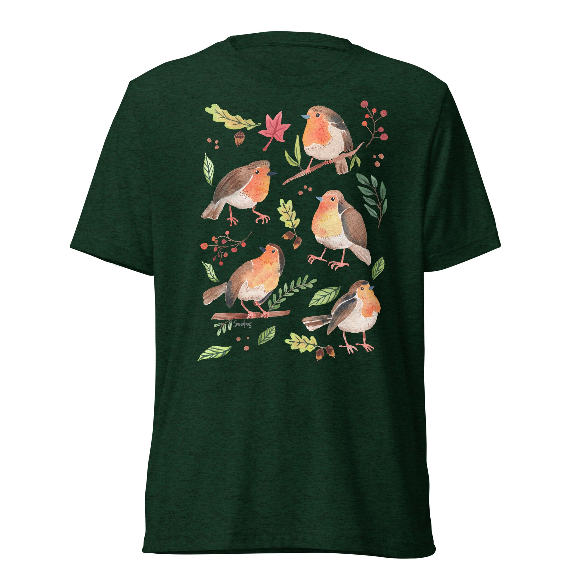 🪶 Short Sleeve T-Shirt – Robins – Watercolor Nature Edition - SANDRAAS