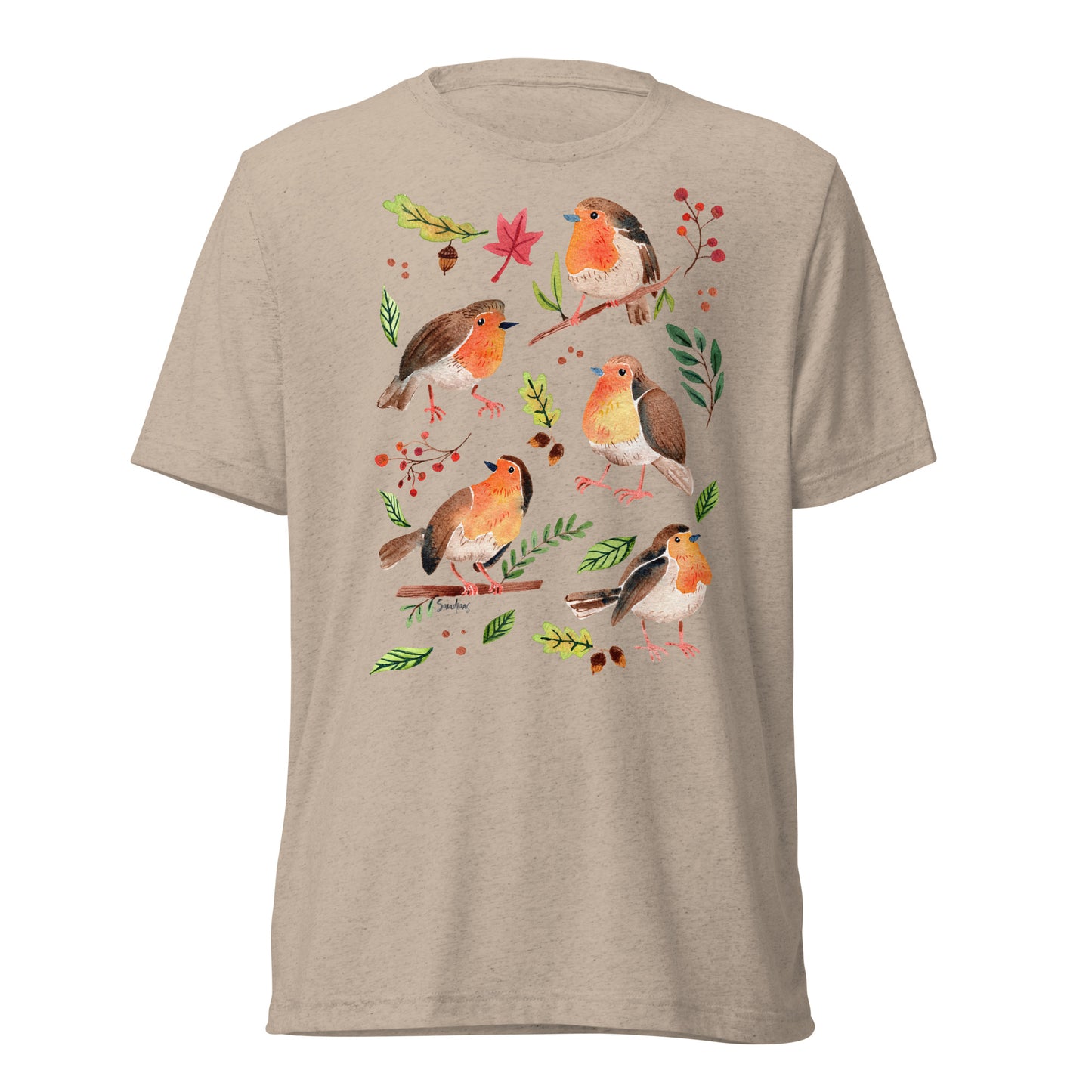 🪶 Short Sleeve T-Shirt – Robins – Watercolor Nature Edition - SANDRAAS