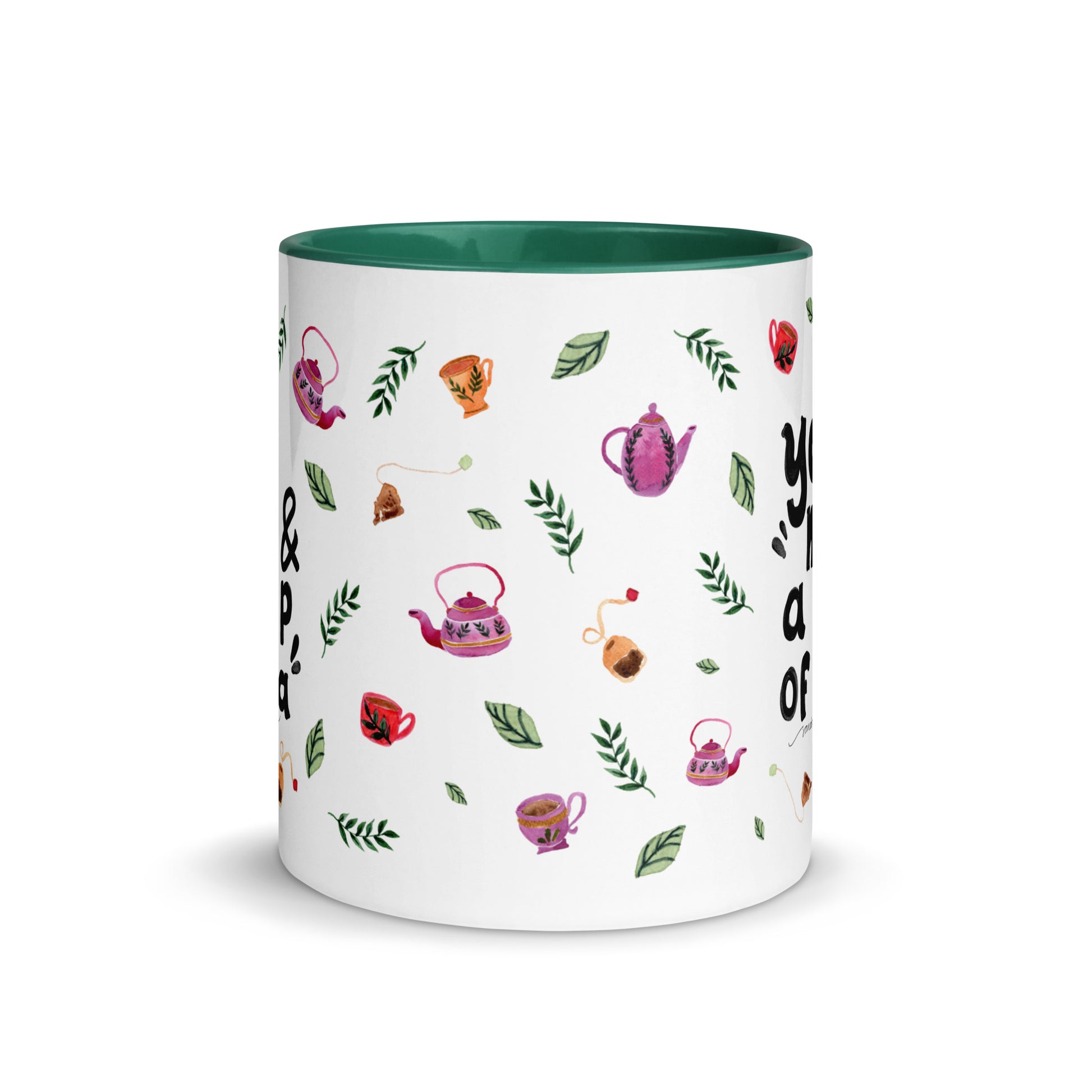 You, Me & a Cup of Tea ☕ | Mug with Cozy Watercolor Teapots & Cups – White Ceramic with Color Inside - SANDRAAS