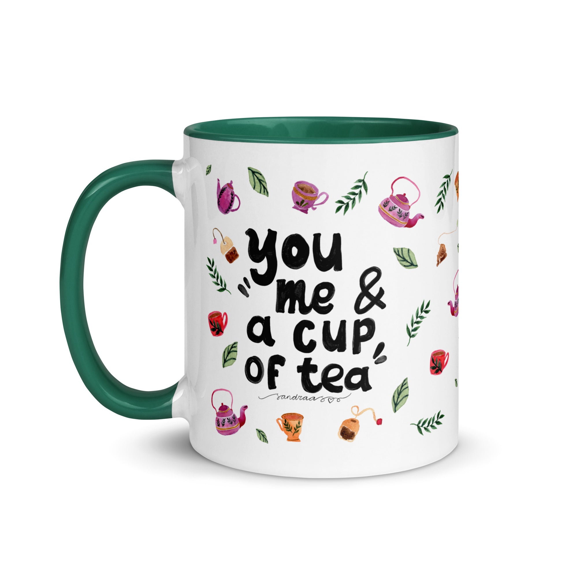 You, Me & a Cup of Tea ☕ | Mug with Cozy Watercolor Teapots & Cups – White Ceramic with Color Inside - SANDRAAS