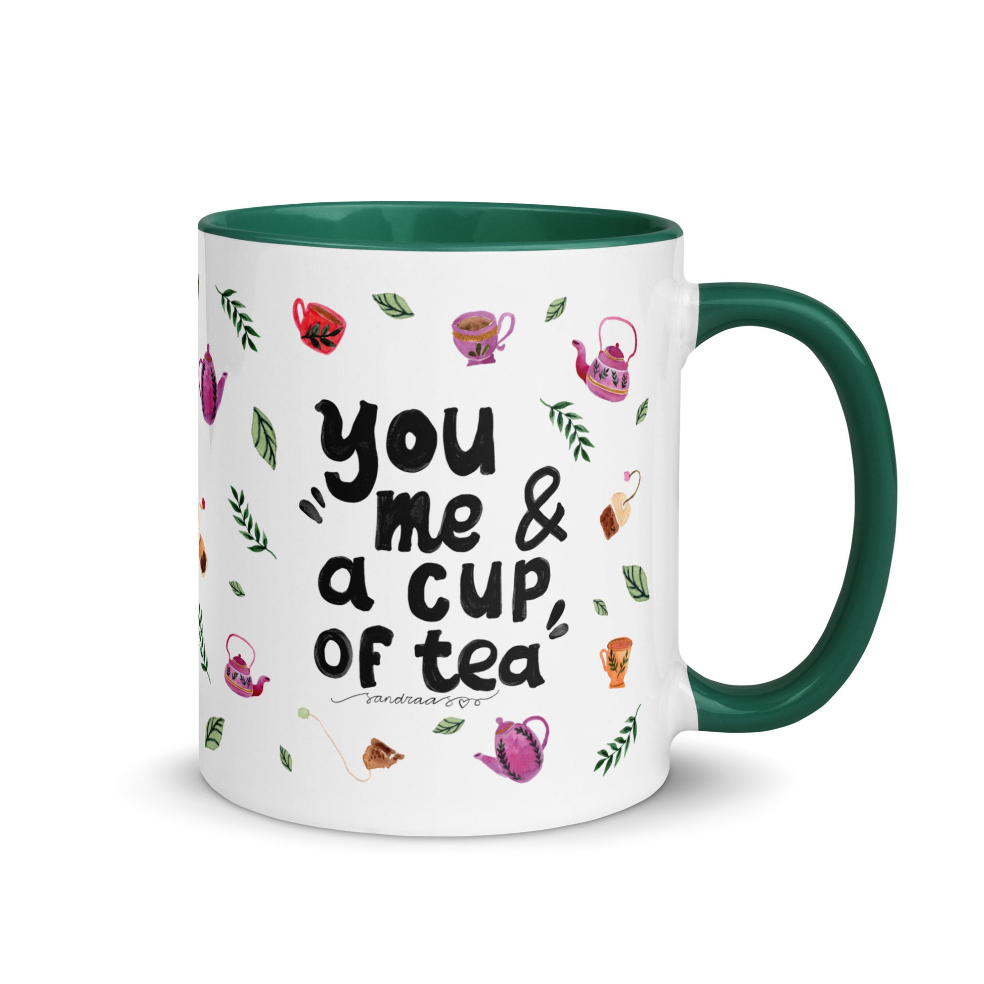 You, Me & a Cup of Tea ☕ | Mug with Cozy Watercolor Teapots & Cups – White Ceramic with Color Inside - SANDRAAS