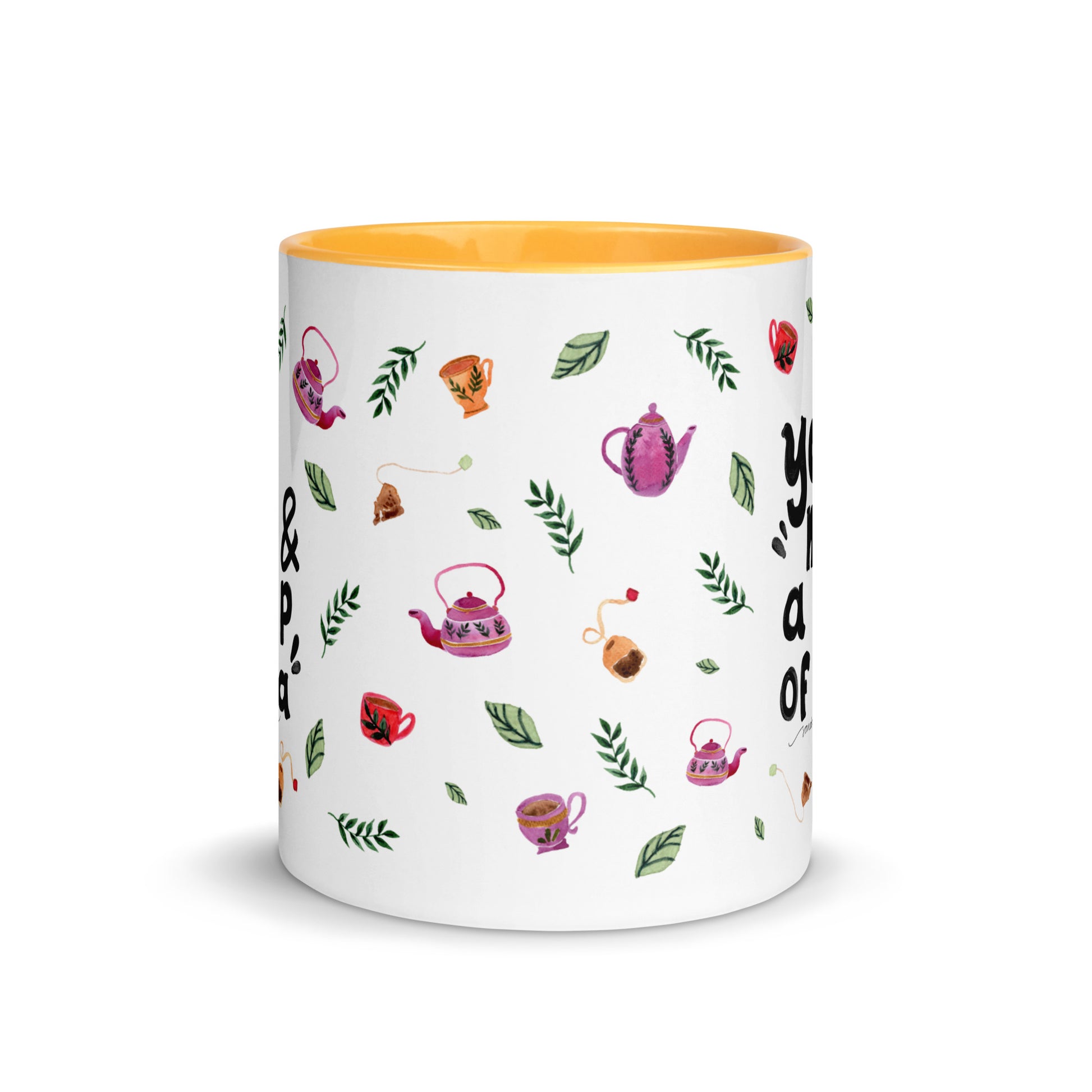 You, Me & a Cup of Tea ☕ | Mug with Cozy Watercolor Teapots & Cups – White Ceramic with Color Inside - SANDRAAS