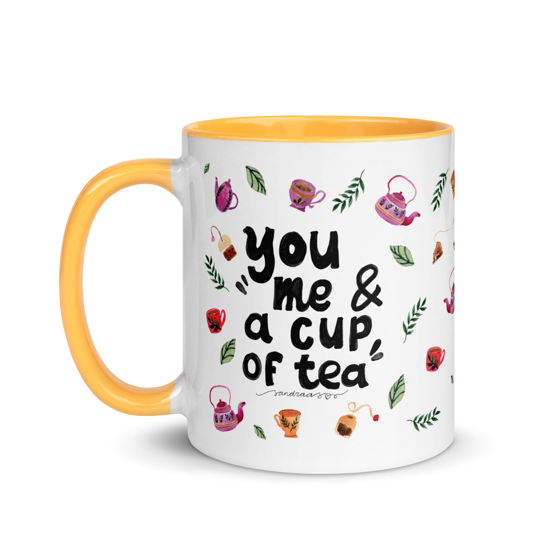 You, Me & a Cup of Tea ☕ | Mug with Cozy Watercolor Teapots & Cups – White Ceramic with Color Inside - SANDRAAS
