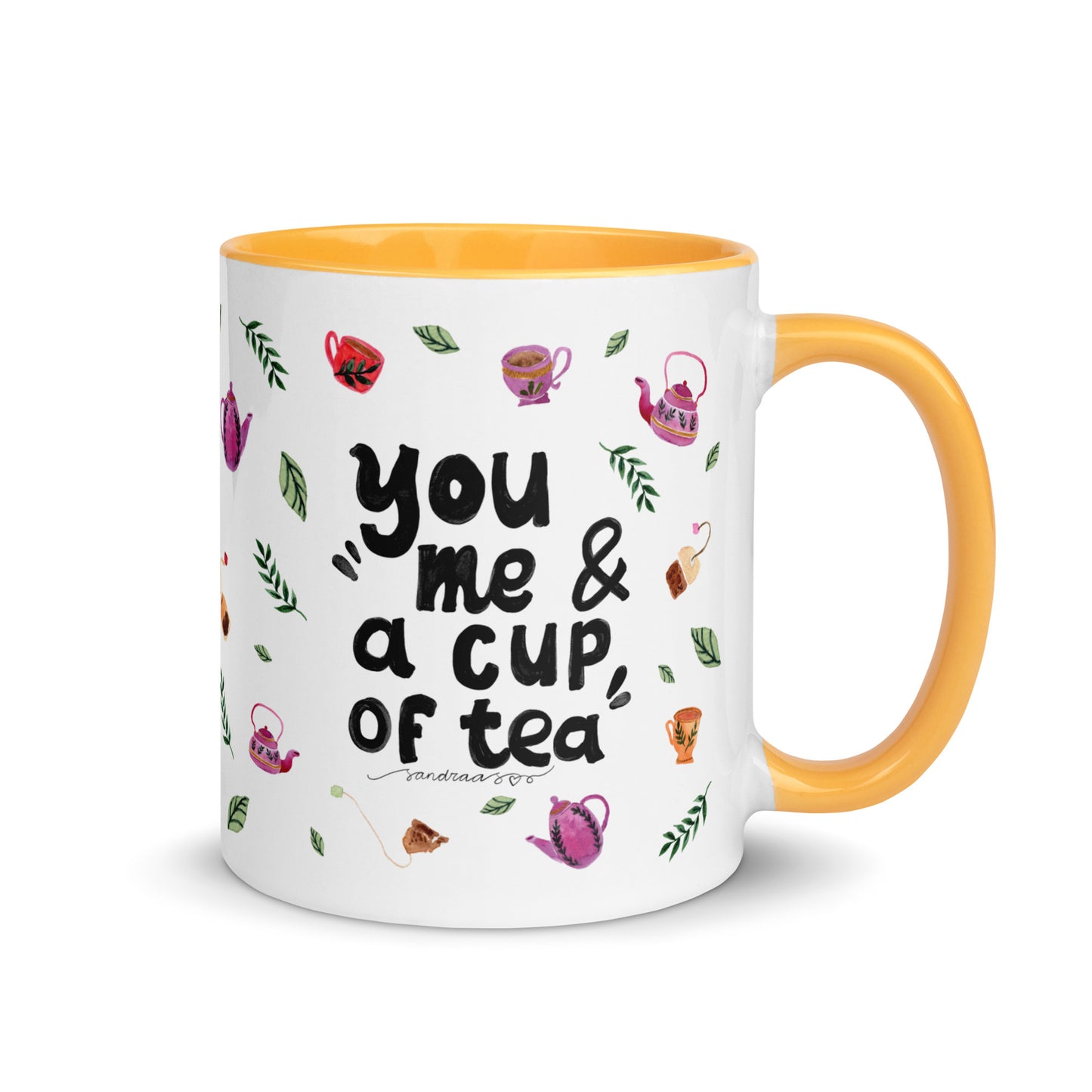 You, Me & a Cup of Tea ☕ | Mug with Cozy Watercolor Teapots & Cups – White Ceramic with Color Inside - SANDRAAS
