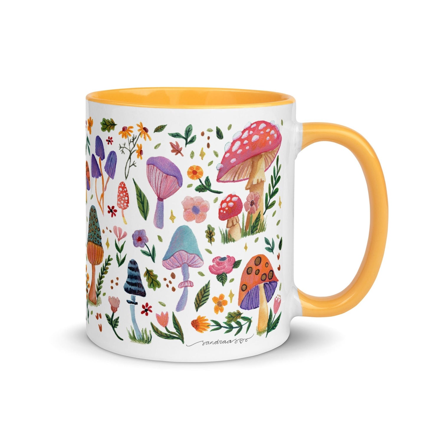 Whimsical Mushroom & Floral Mug • Watercolor Woodland Flowers Coffee Cup with Colorful Interior • Cozy Nature Drinkware - SANDRAAS