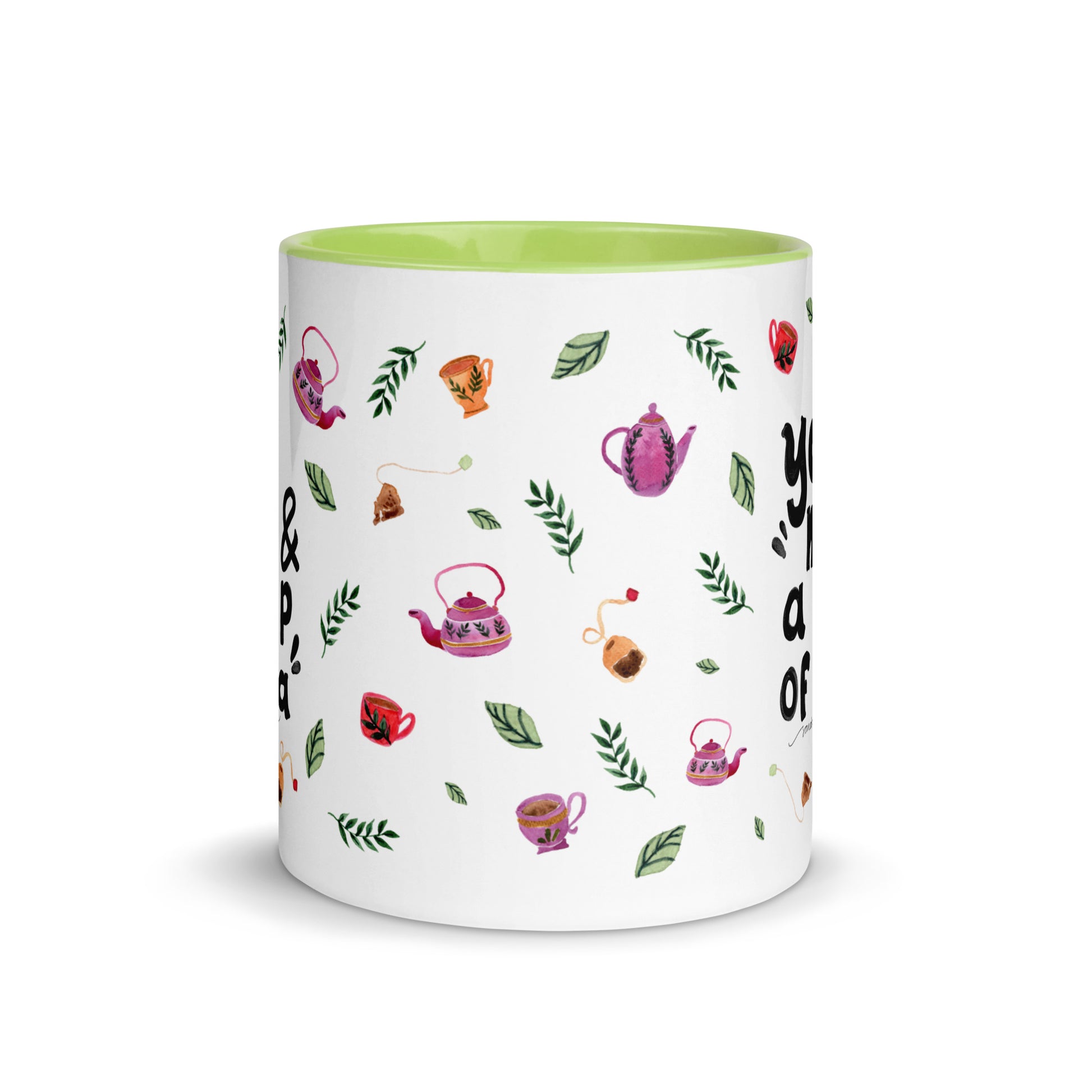 You, Me & a Cup of Tea ☕ | Mug with Cozy Watercolor Teapots & Cups – White Ceramic with Color Inside - SANDRAAS