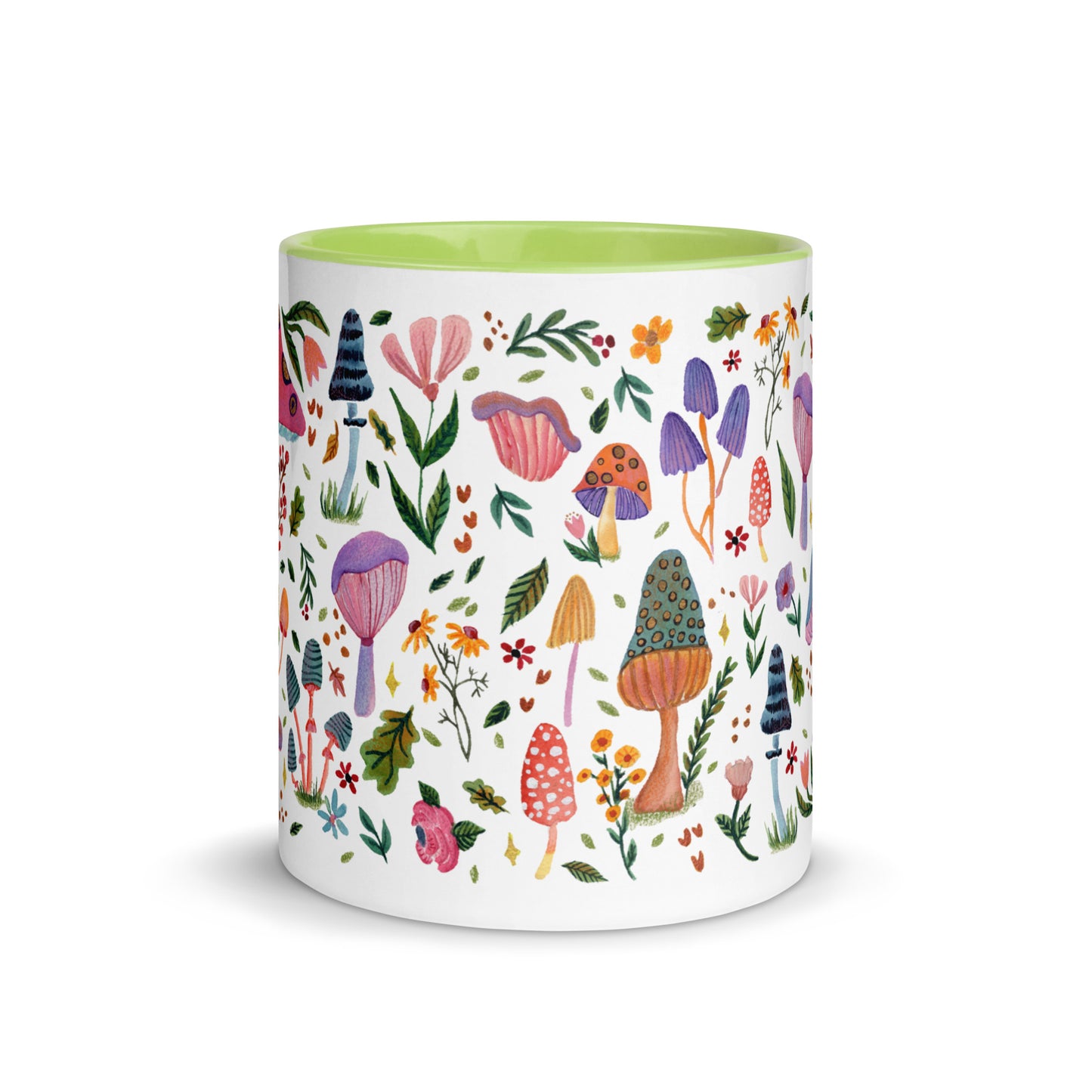 Whimsical Mushroom & Floral Mug • Watercolor Woodland Flowers Coffee Cup with Colorful Interior • Cozy Nature Drinkware - SANDRAAS