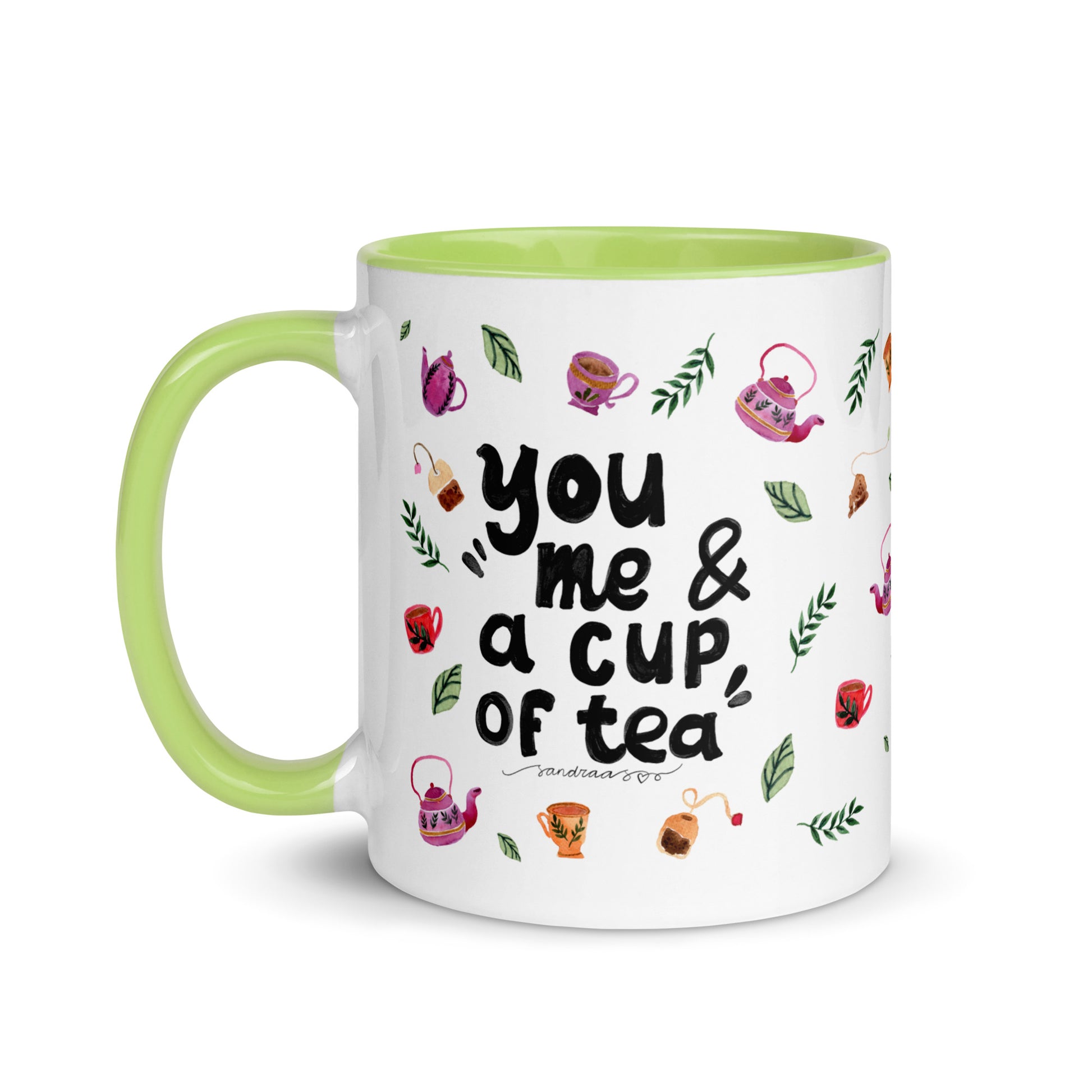 You, Me & a Cup of Tea ☕ | Mug with Cozy Watercolor Teapots & Cups – White Ceramic with Color Inside - SANDRAAS