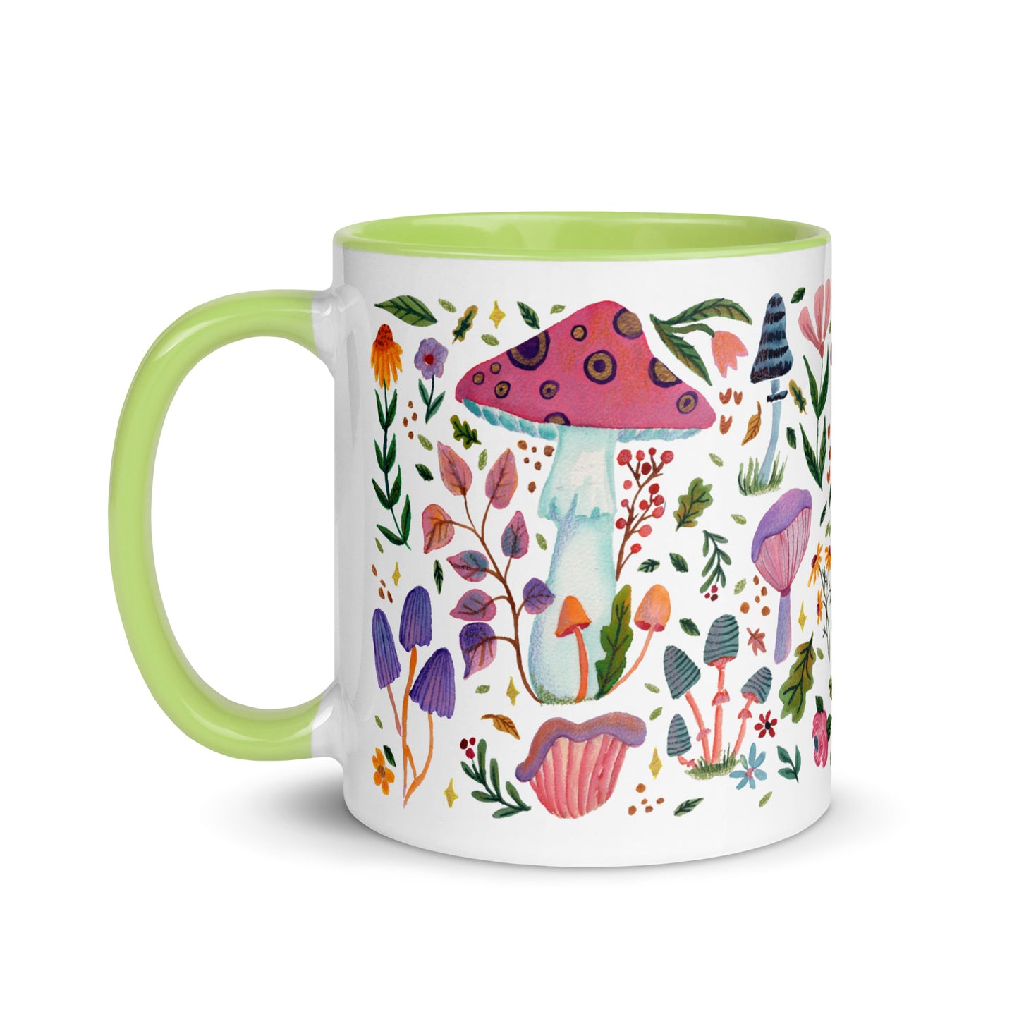 Whimsical Mushroom & Floral Mug • Watercolor Woodland Flowers Coffee Cup with Colorful Interior • Cozy Nature Drinkware - SANDRAAS