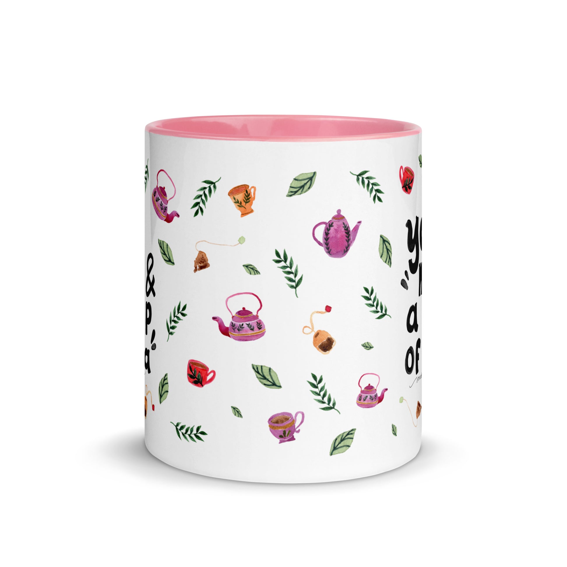 You, Me & a Cup of Tea ☕ | Mug with Cozy Watercolor Teapots & Cups – White Ceramic with Color Inside - SANDRAAS